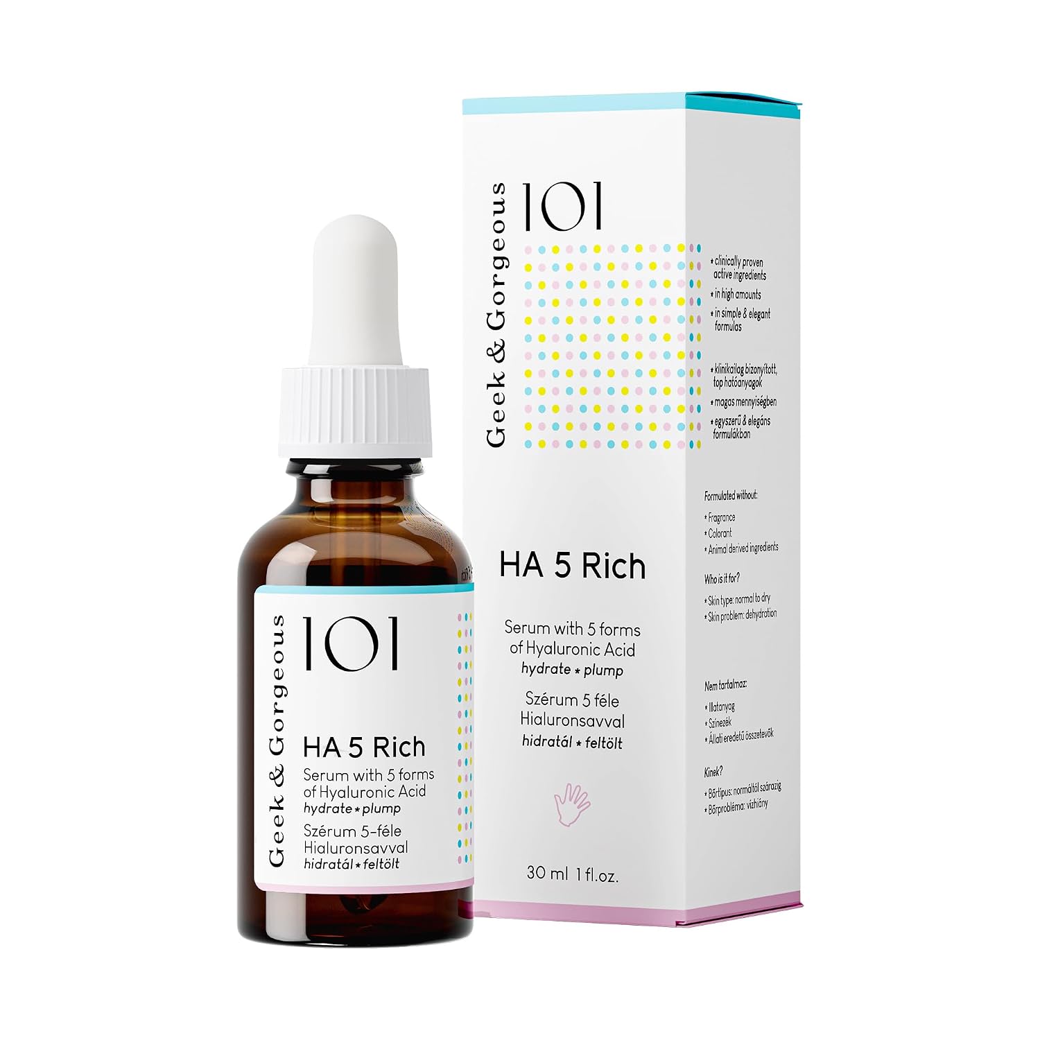 Geek & Gorgeous - HA 5 Rich - Serum with 5 forms of Hyaluronic acid, silky & rich - hydrates, softens & plumps the skin - all skin types especially normal & dry skin, 1 oz