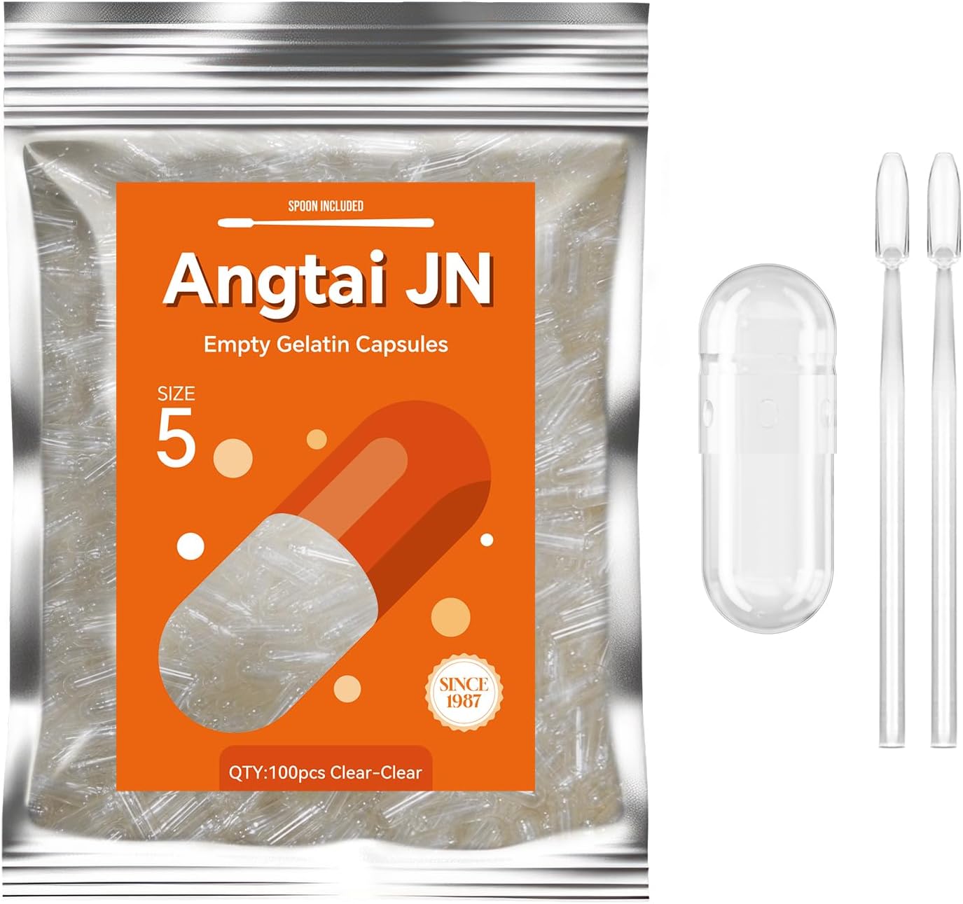 Angtai JN Empty Gelatin Capsules Size 5 (100 Count), Clear Empty Capsules Small for Filling with 2 Micro Spoons, DIY Empty Pill Capsules Compatible with Capsule Filler
