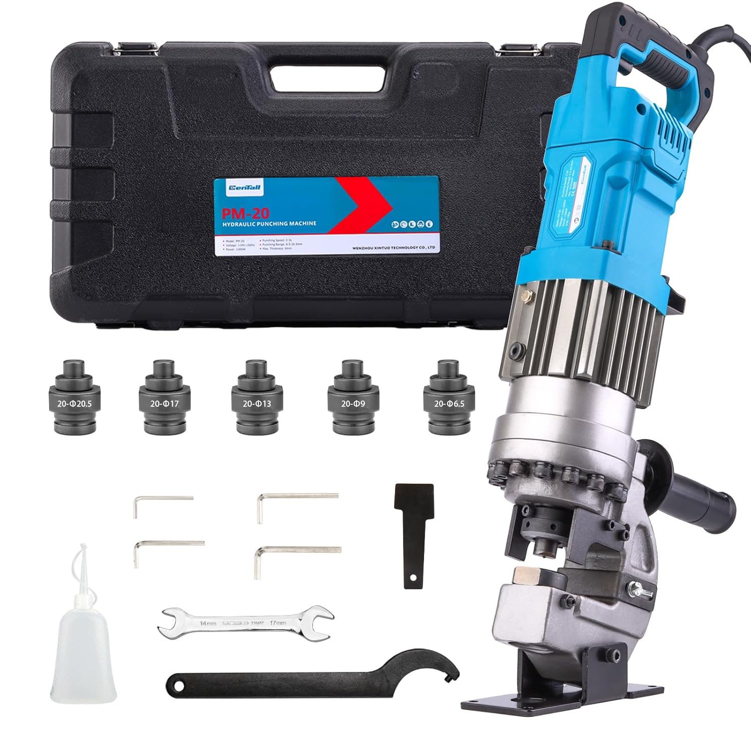 1300W Electric Hydraulic Hole Puncher Φ1/4"-4/5" Hydraulic Punching Machine Punching Tool with 5 Dies for Iron Copper Aluminum Plate Angle Steel PM20 (Blue)