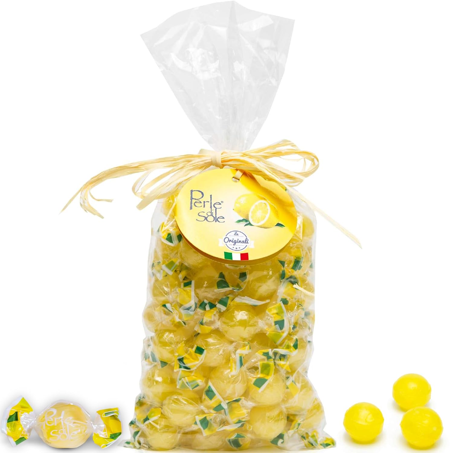 Perle di Sole Italian Lemon Candy Drops - Lemon Hard Candy Individually Wrapped - Fizzy and Tart Citrus Candies (17.63 oz | 500 g)