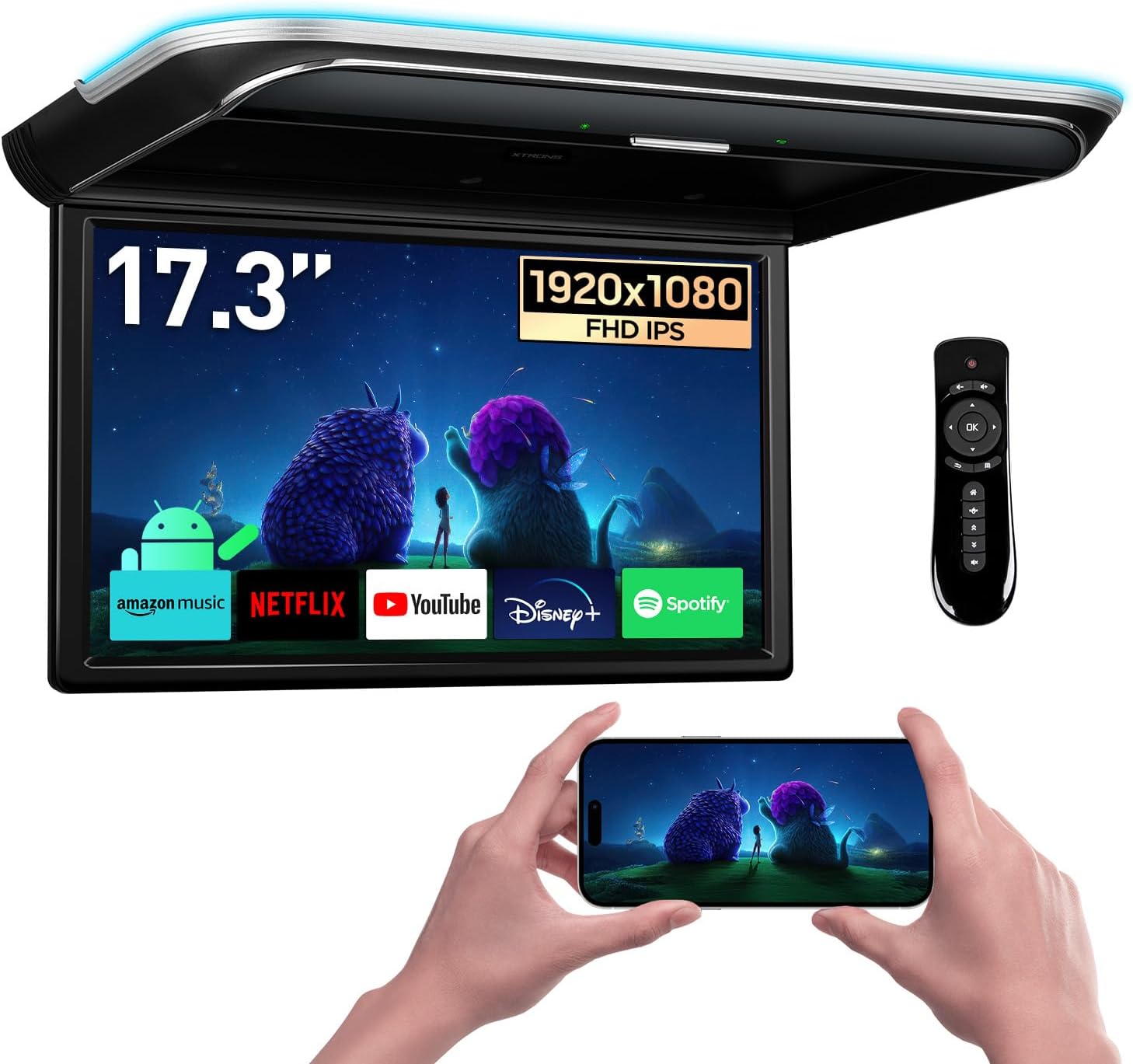 XTRONS 17.3-inch FHD Android 9.0 Car Overhead Flip Down Mount Monitor 8K 1080P IPS Screen Octa-core Car Roof Multimedia Player Car Video With Superior Sound and Screen Mirroring Support HDMI/USB/AV/IR