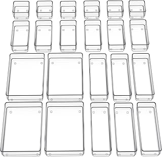 SMARTAKE 22-Piece Drawer Organizer with Non-Slip Silicone Pads, 4-Size Clear Desk Drawer Organizer Trays Storage Tray for Makeup, Jewelries, Utensils in Bedroom Dresser, Office and Kitchen, Clear