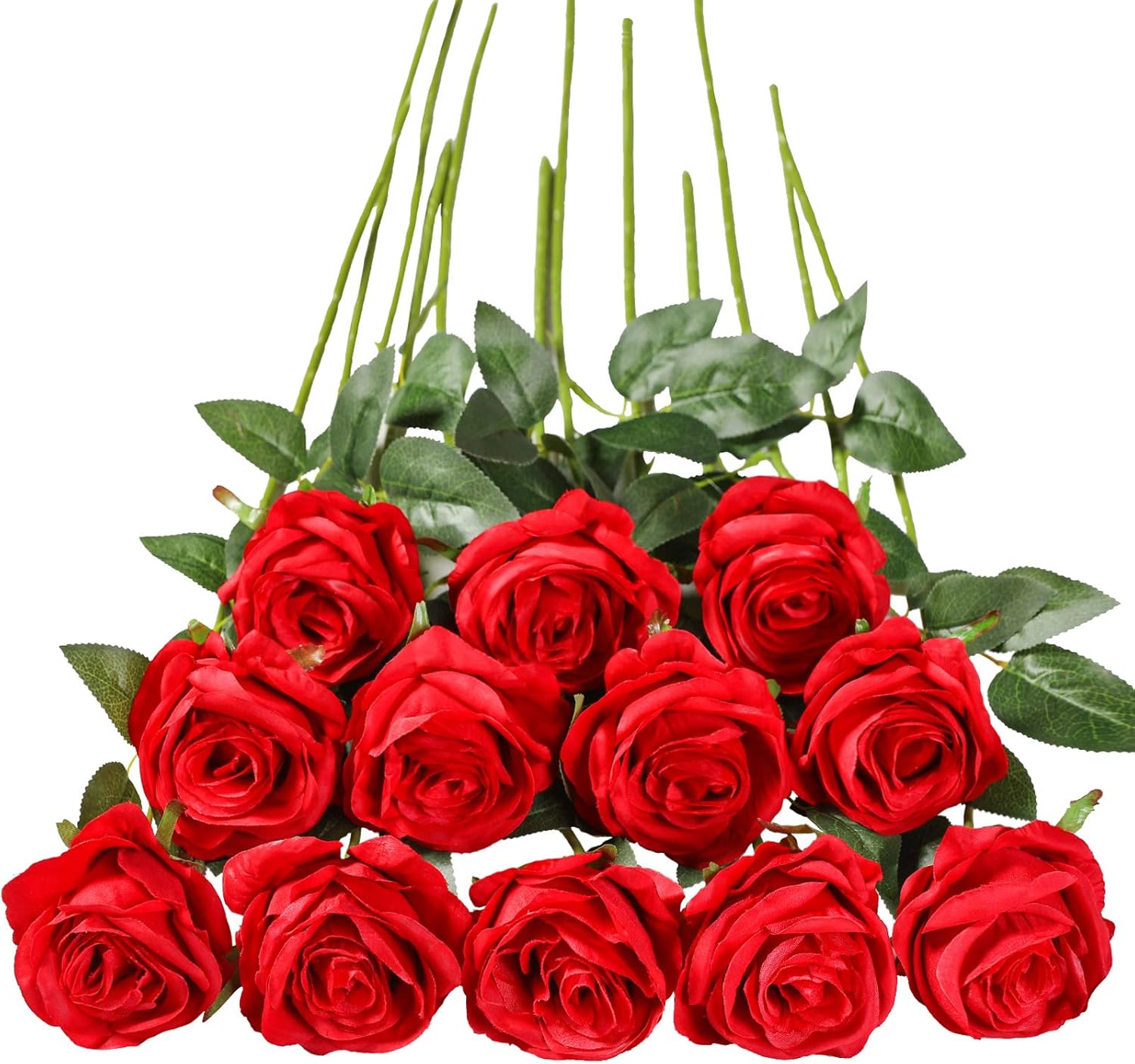 Tifuly 12 PCS Artificial Roses, 19.68'' Single Long Stem Fake Rose Silk Bridal Wedding Bouquet Realistic Flower for Home Garden Party Hotel Office Decor(Blossom Roses,Red)
