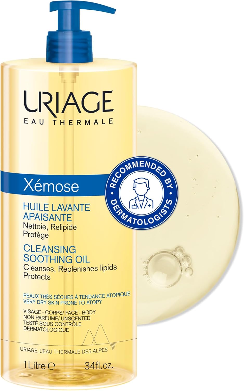 Uriage Xemose Cleansing Soothing Oil - Nourishing Cleansing for Face & Body with 19% Glycerin & Shea Butter - Dry Skin Prone to Atopy - Soothes Itching Sensations - Fragrance-free & Soap-free - 1L