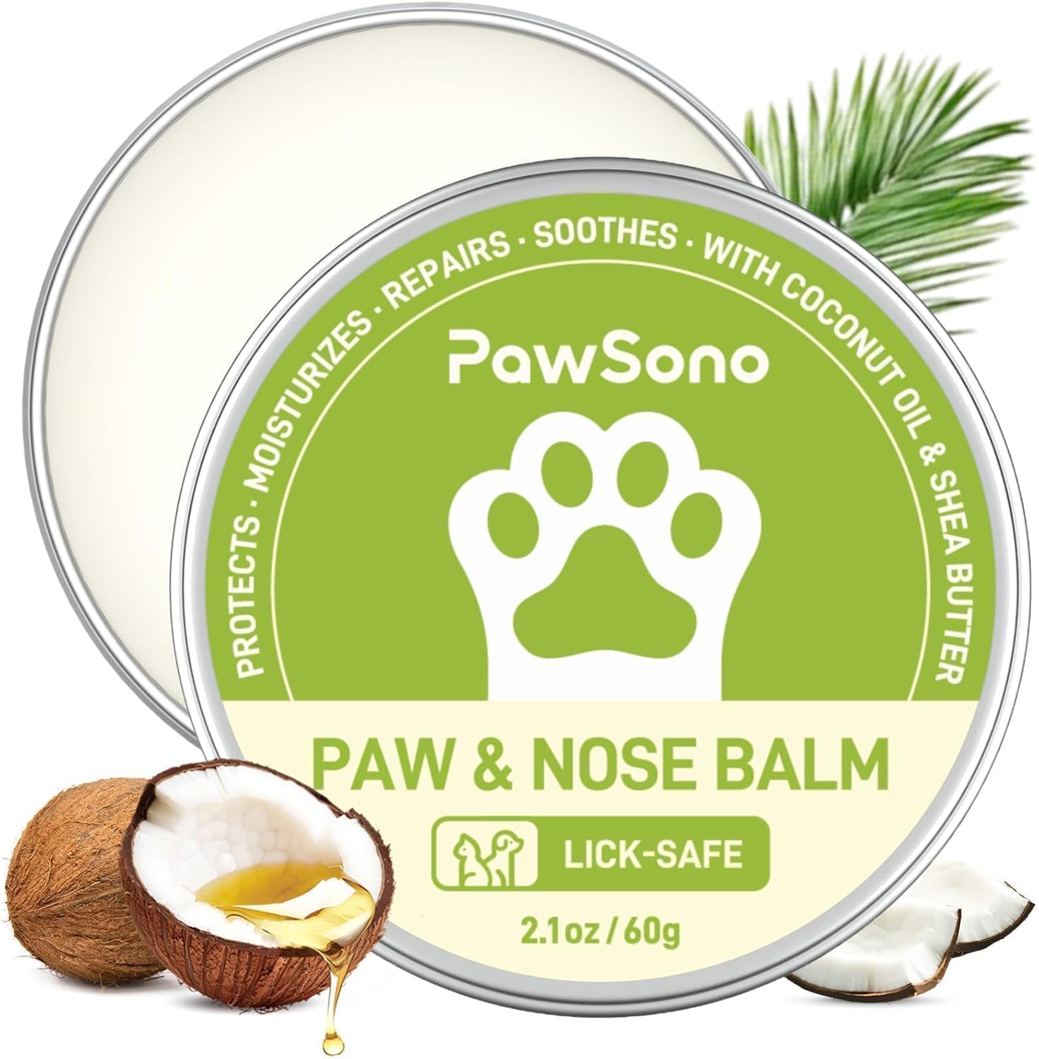 PawSono Lick-Safe Dog Paw & Nose Balm with Coconut Oil | All-Natural Moisturizer & Soother for Dry, Cracked Pads & Snout | Heat & Cold Pavement Protection Wax, Nose Butter for Bulldogs (2.1 oz / 60 g)