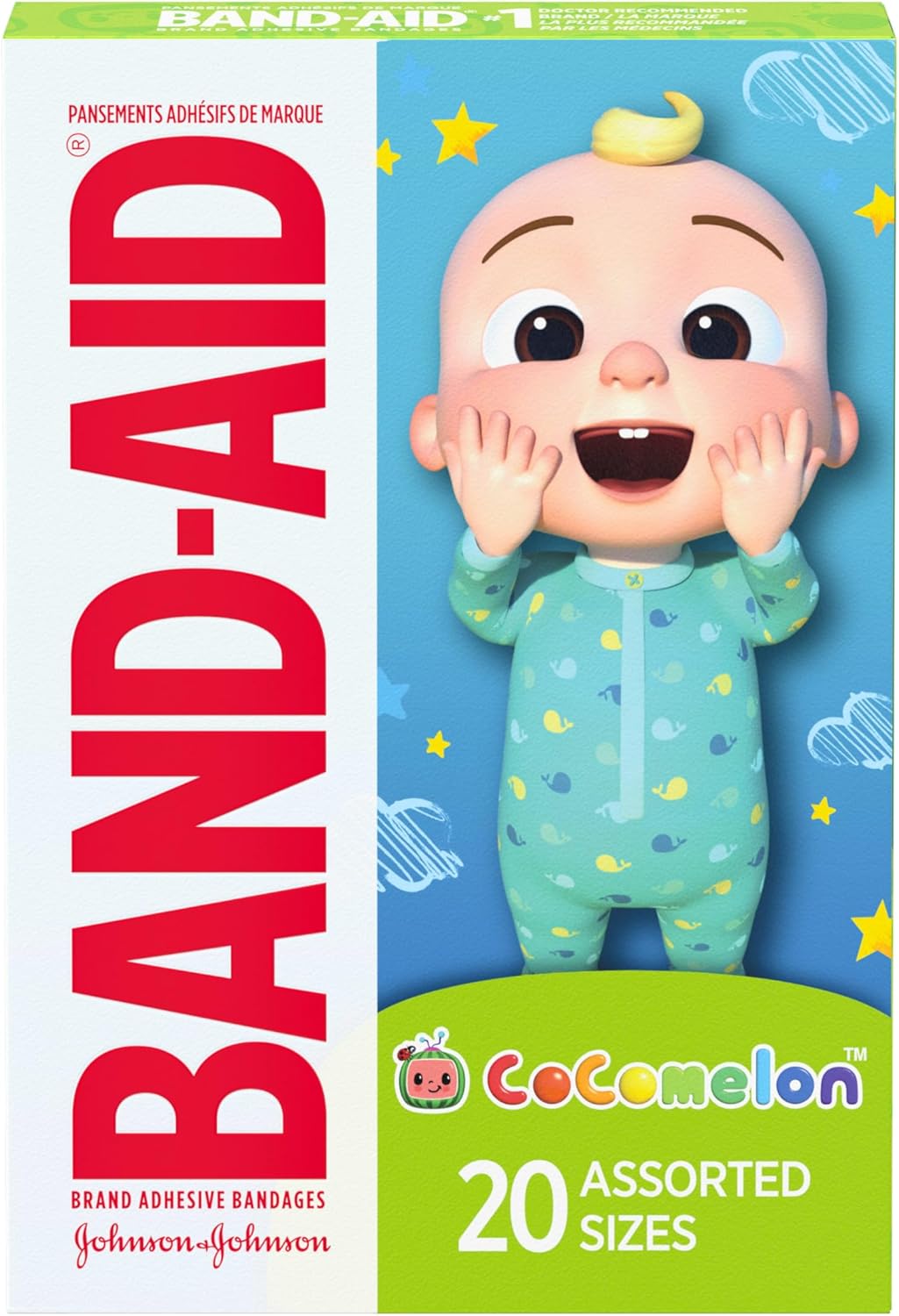 Band-Aid Brand Adhesive First Aid Bandages for Kids & Toddlers Featuring Moonbug CoComelon Characters, Sterile Individually Wrapped Bandages for Minor Cuts & Scrapes, Assorted Sizes, 20 Ct