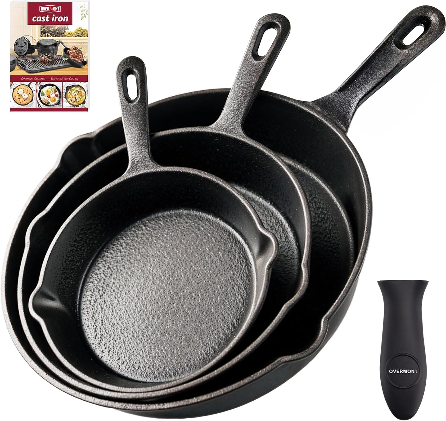 OVERMONT Pre-Seasoned Cast Iron Skillet Set–(9.6Inch-24.5cm) (7.7Inch-19.5cm) (6Inch-15.24cm) Frying Pans Oven Pot Safe Cookware for Indoor, Barbecue, Campfire Cooking Outdoor Use