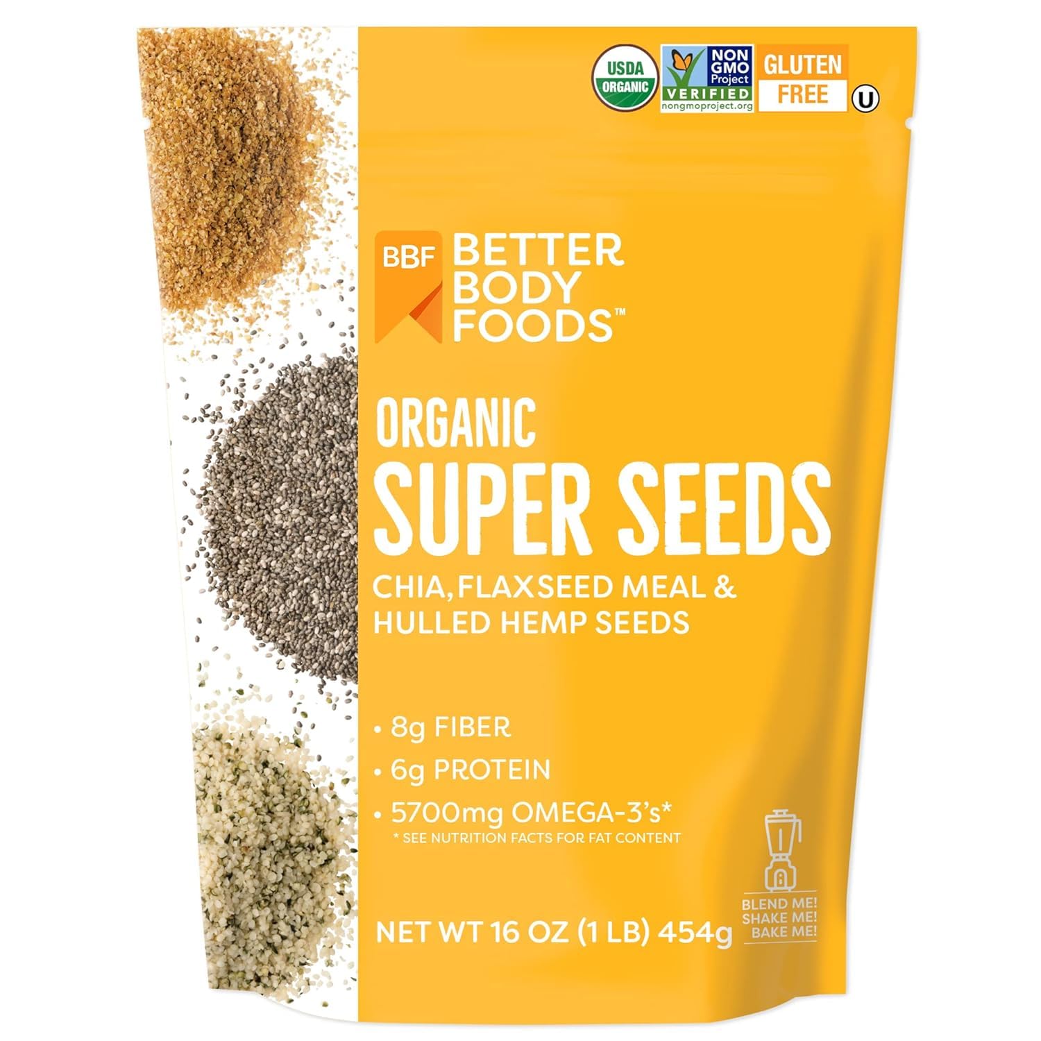 BetterBody Foods Superfood Organic Super Seeds - Blend of Organic Chia Seeds, Milled Flax Seed, Hemp Hearts, Add to Smoothies Shakes & More, 1lb, 16 oz