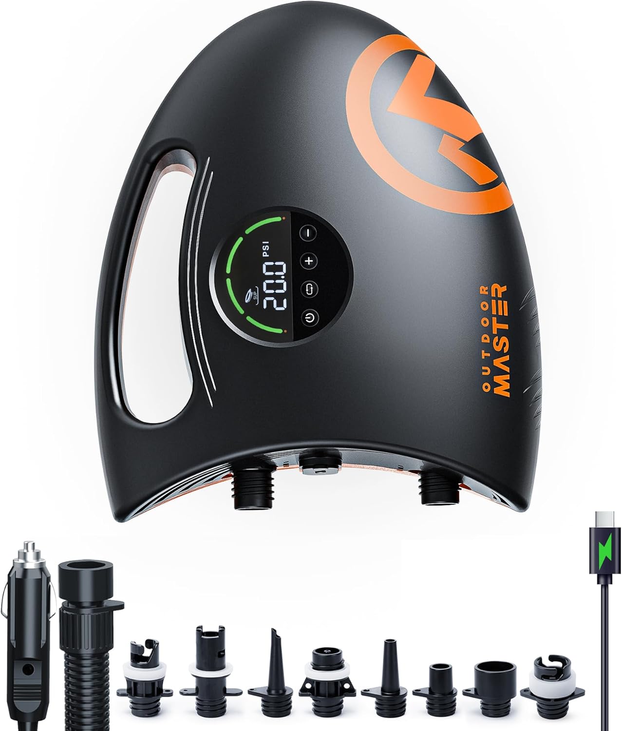 OutdoorMaster Shark 2S 88.8Wh Electric Paddle Board Pump, Rechargeable Battery for 6 SUPs Inflation & Deflation, 20PSI SUP Air Pump 12V/15.8V DC & Type-C Input, Auto-Off & 8 Nozzles for Inflatables