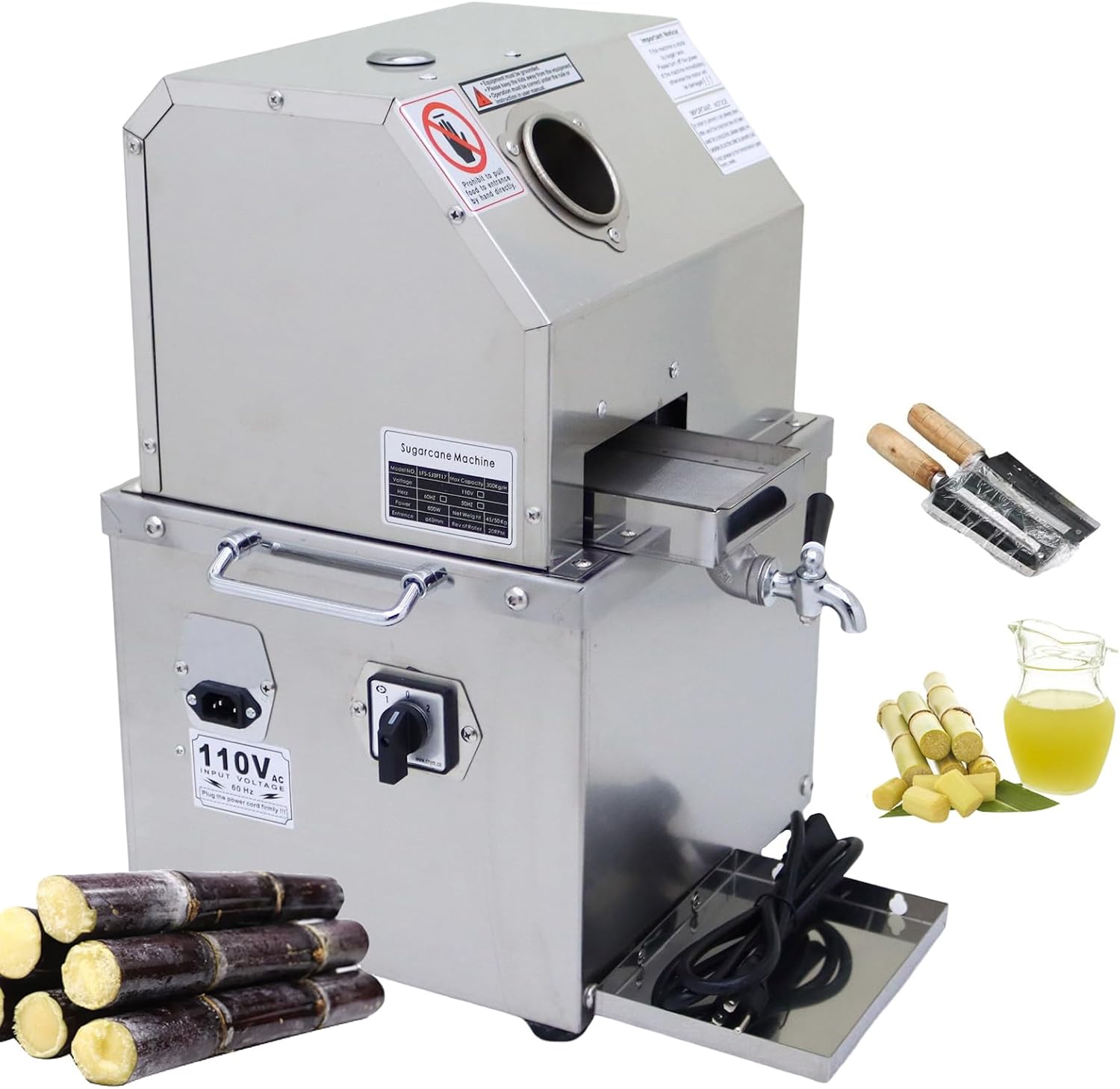 INTBUYING Electric Sugarcane Juicer, Sugarcane Press Machine, 3 Stainless Steel Rollers, Commercial Sugar Cane Juice Extractor, Sugarcane Extractor Juicing Machine with 2 Knives/Filter
