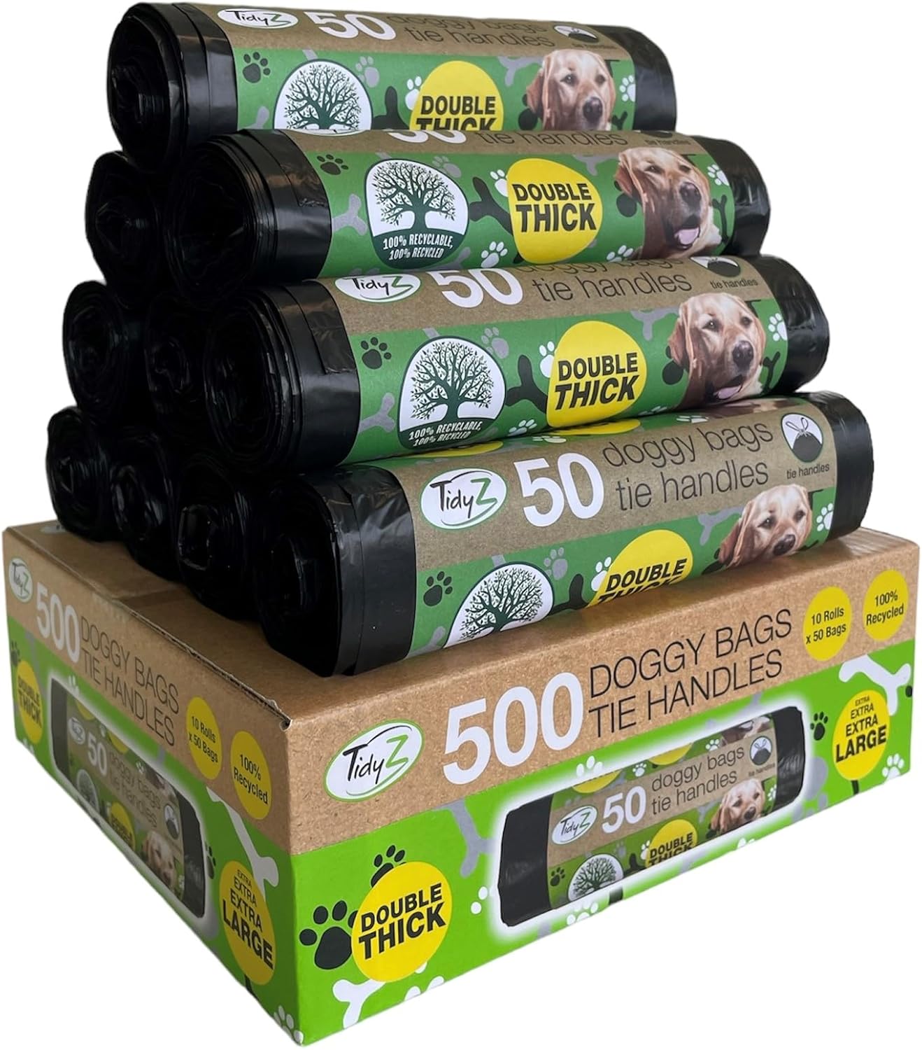 500 TidyZ Dog Poo Bags. Made from 100% Recycled Plastic. Extra Strong, Extra Large Pet Waste Bags. Tie Handles. On a Roll. Unscented. Leakproof. 10 rolls of 50