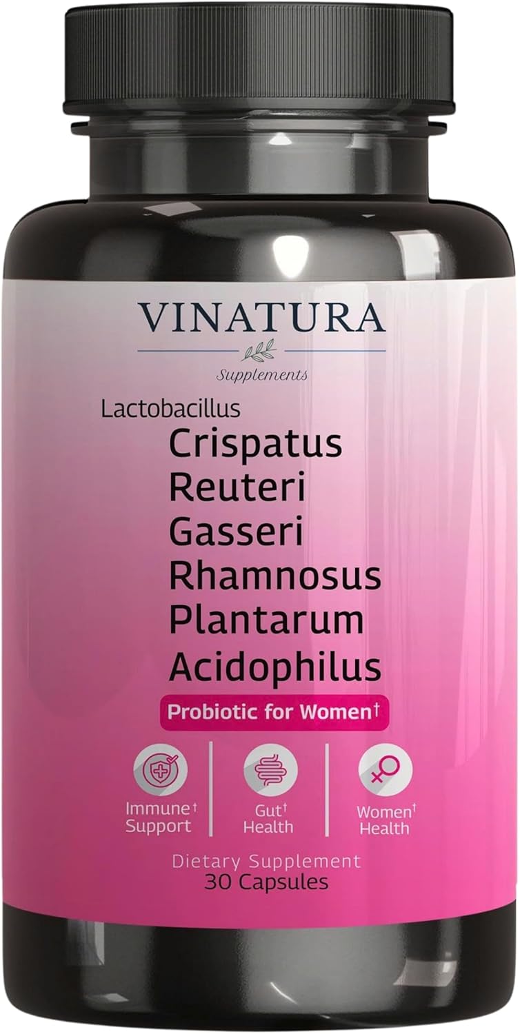 VINATURA Lactobacillus Rhamnosus, Reuteri, Gasseri, Plantarum, Crispatus, Acidophilus Probiotics - Probiotics for Women *USA Made & Tested* Women Vaginal Health, Gut and Digestive Health - 30 Capsules
