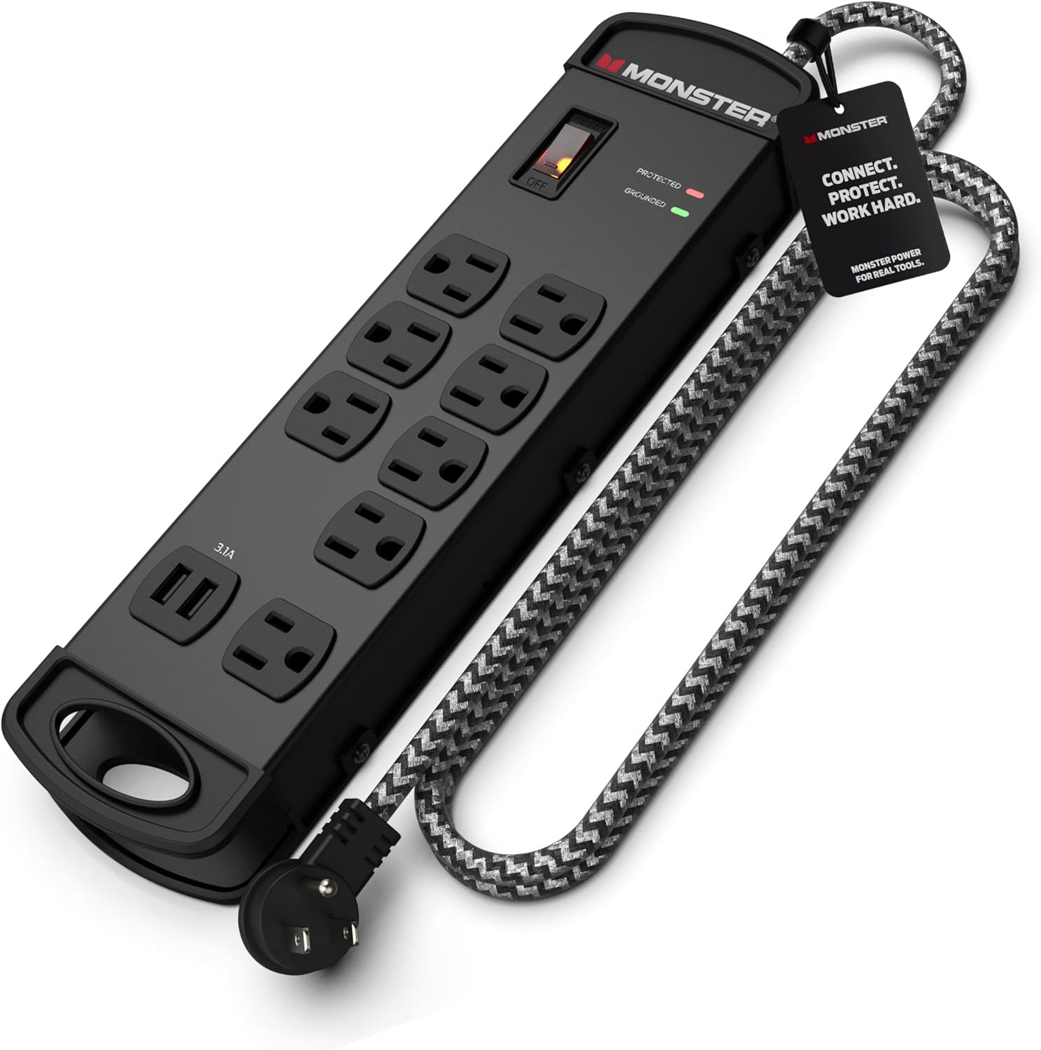 Monster Surge Protector Power Strip Pro MI w/ 1960 Joules Rating — 8-Outlet, 2 USB-A with Extension Cord — Fireproof MOV, Dual Mode, Clean Power for Recording & Production Gear (15FT Cord, Black)