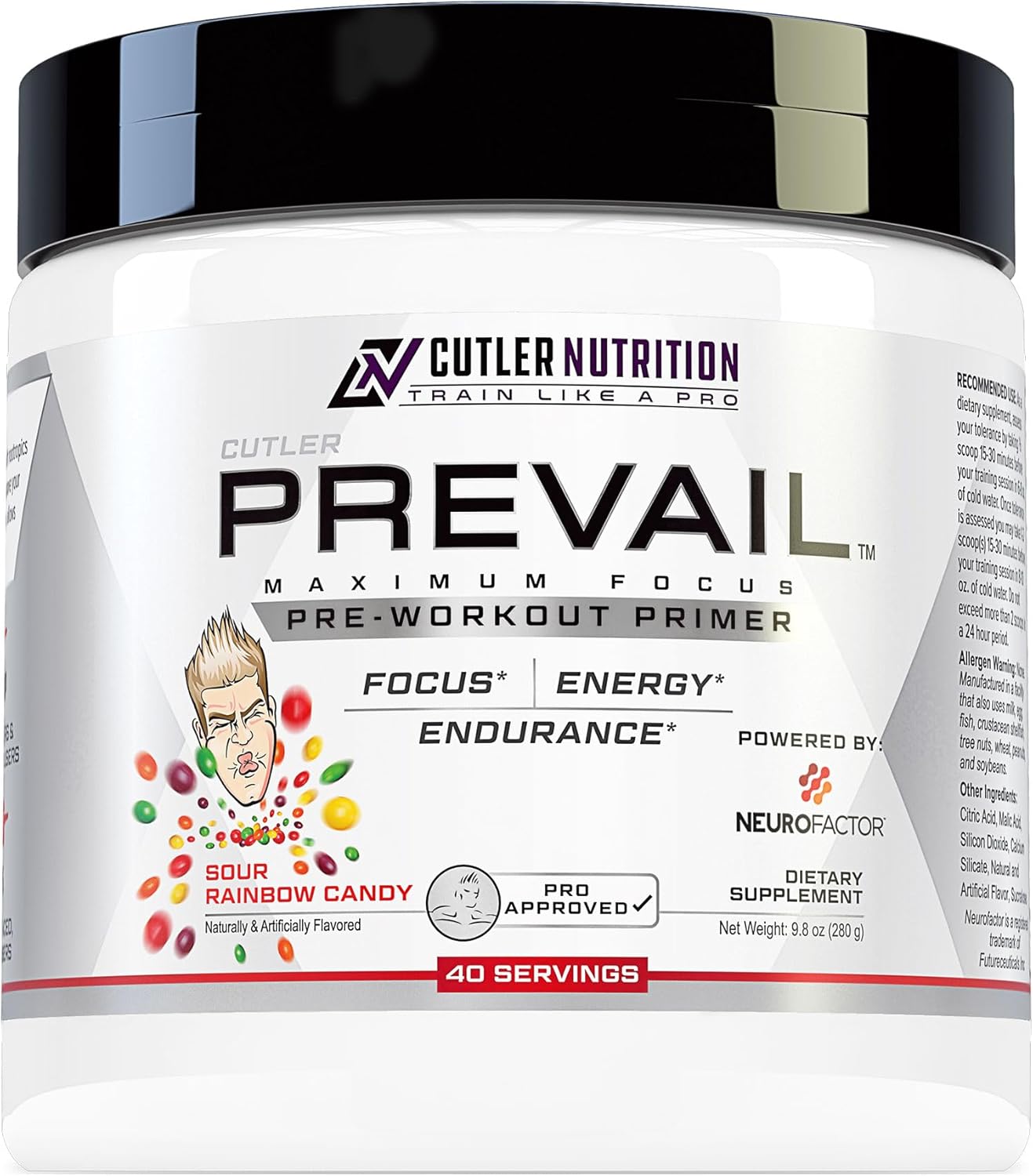 Prevail Pre Workout Powder with Nootropics: Pre-Workout Drink for Men and Women, Cutting Edge Energy and Focus Supplement with L Citrulline, Alpha GPC, L Tyrosine | Sour Rainbow Candy, 40 Scoops