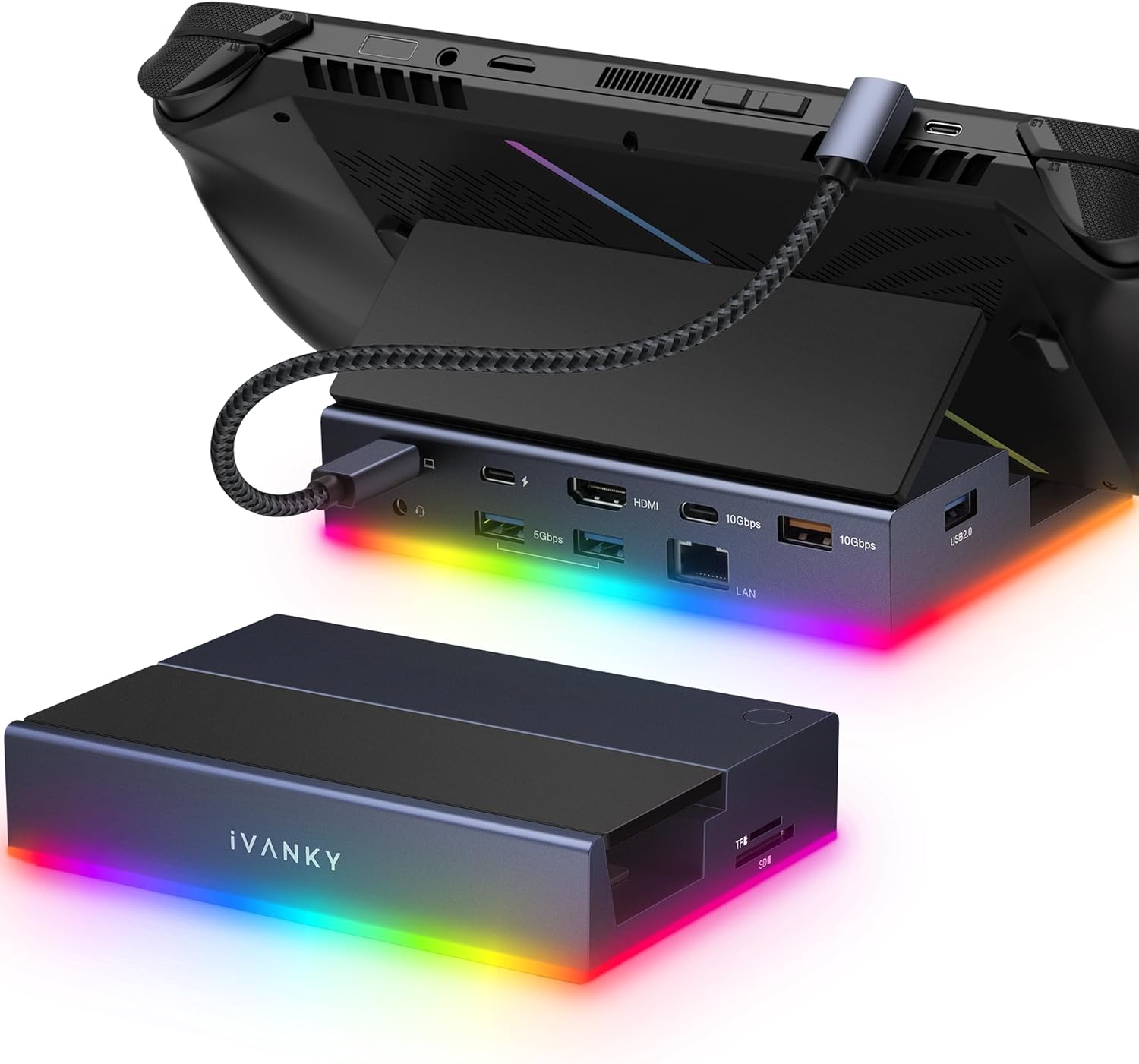 iVANKY 14-in-1 RGB 4K@144Hz Docking Station for Steam Deck OLED/ROG Ally X/Lenovo Legion Go, Stream Deck Dock with HDMI Gigabit Ethernet 10Gbps USB 3.2, SD/TF Slots, 1Gbps Ethernet, 100W USB-C Charge