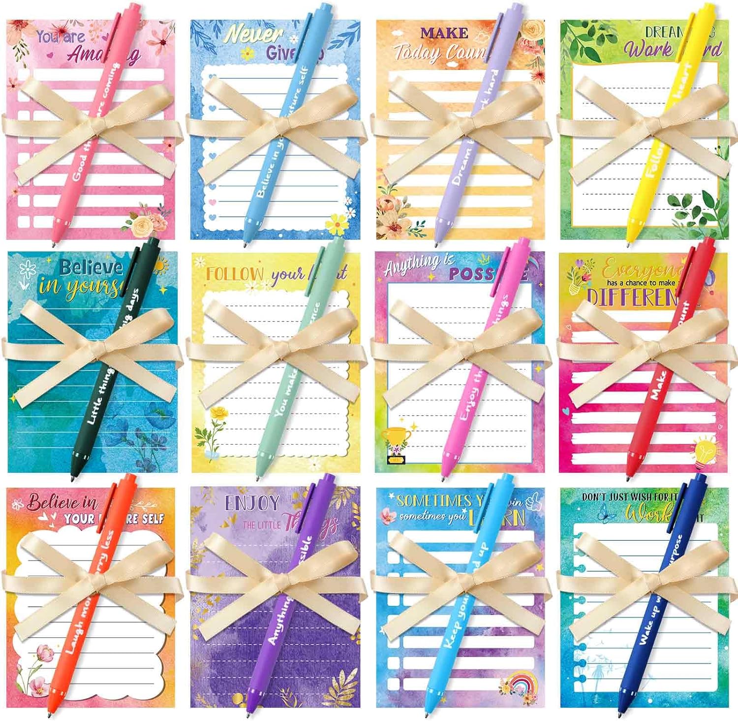 Yeaqee 12 Set Employee Appreciation Gifts 12 Empowering Sticky Notepads 12 Pens 12 Ribbons Motivational Sticky Notes Inspirational Pens for Office Supplies(Watercolor)