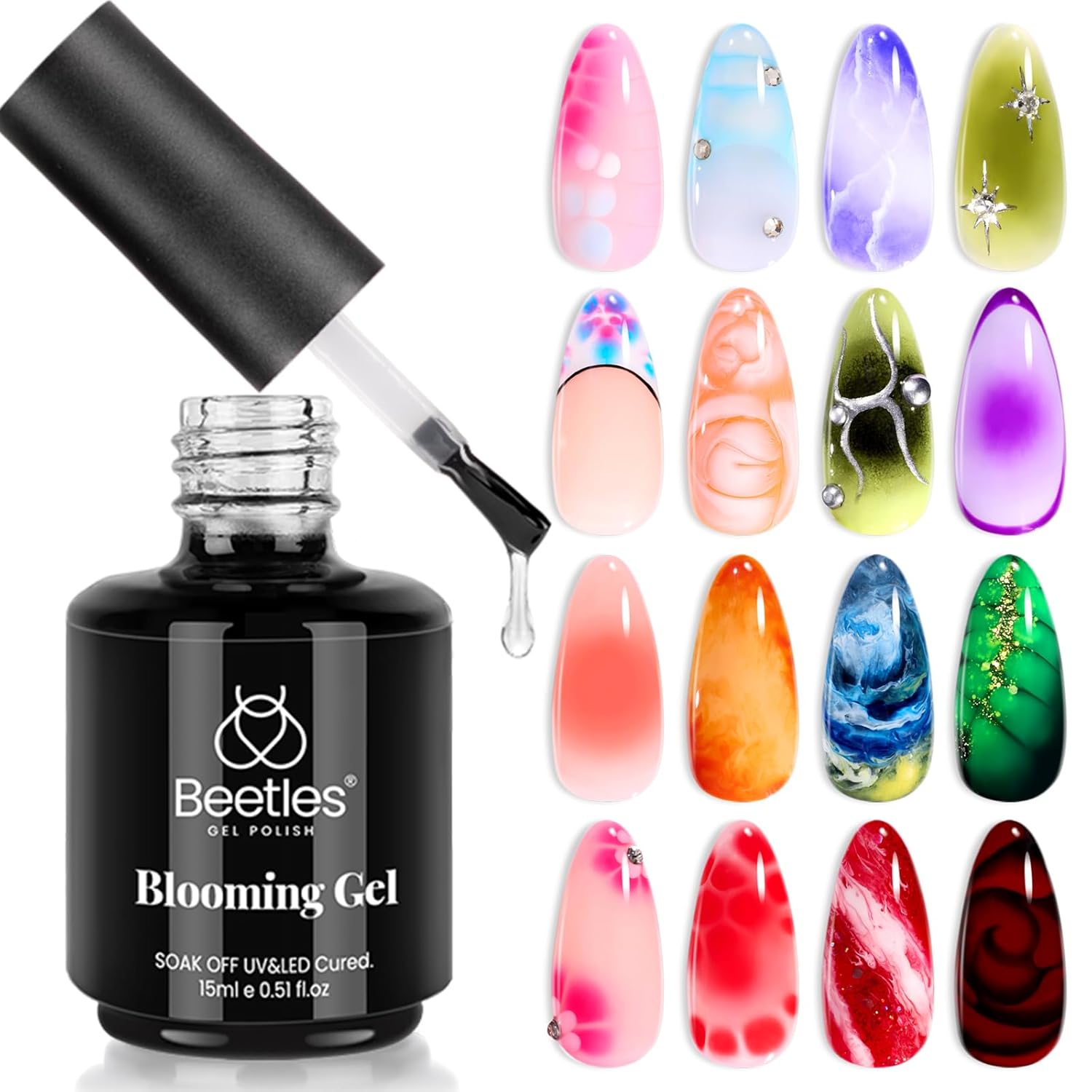 Beetles Blooming Gel 15ml Clear Uv Led Blossom Gel Polish for Spreading Effect Marble Natural Stone Watercolor Floral Print Soak off Diy Nail Art Design Manicure Gift for Women