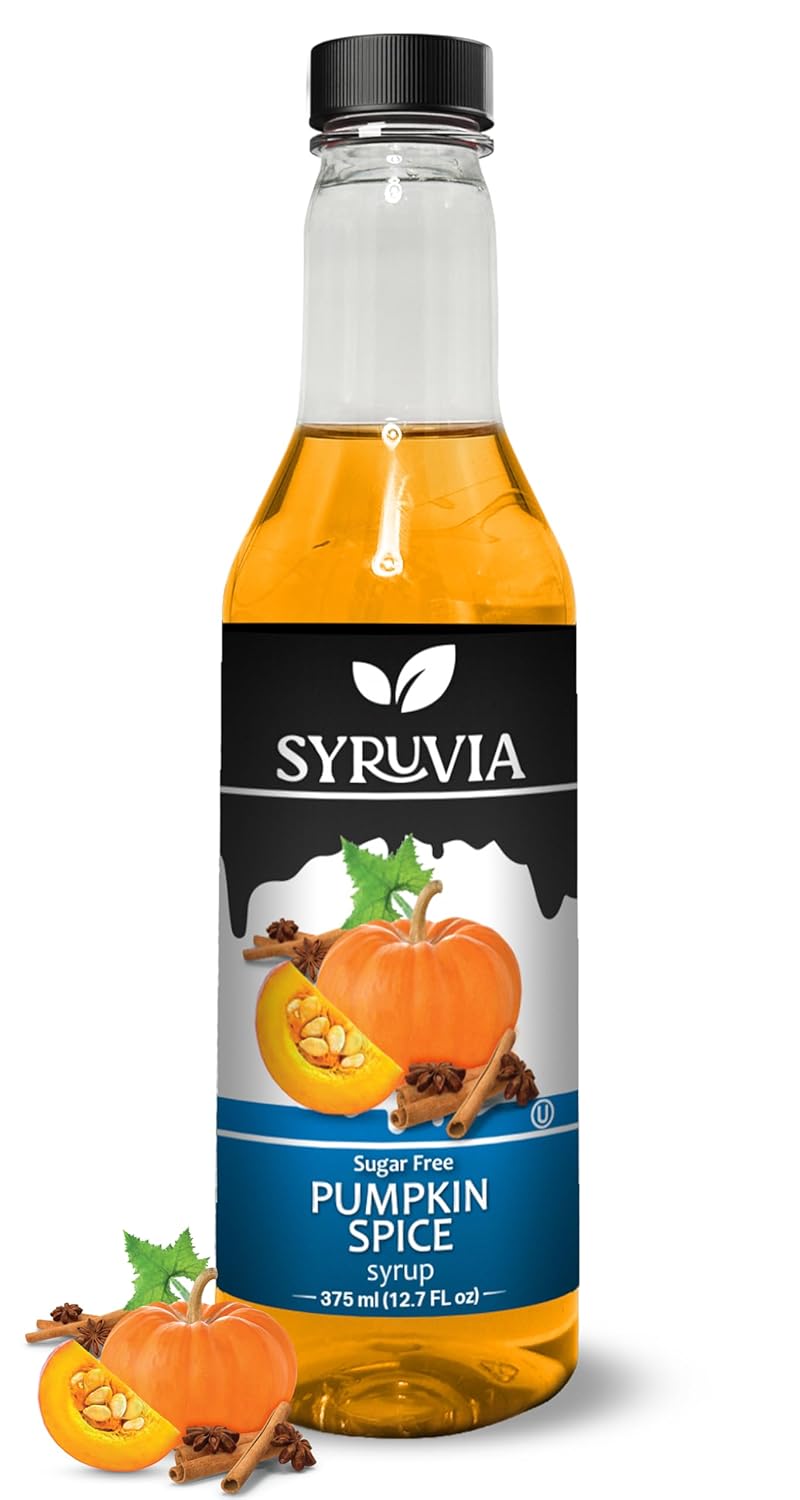 Syruvia Sugar-Free Pumpkin Spice Coffee Syrup - 12.7 fl oz Premium Coffee Flavoring Syrup - 0 Calorie - Kosher Coffee Syrups, Gluten Free, Perfect for Drinks, Soda, Shakes, Desserts, and More.