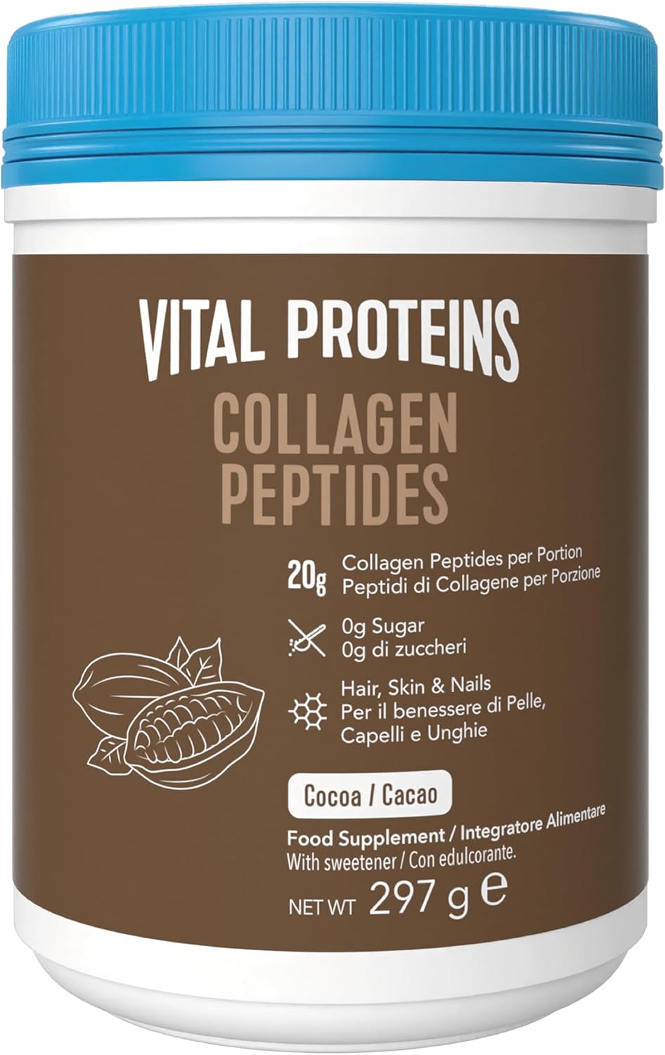 Vital Proteins Collagen Peptides Powder, Supplement (Type I, III), Cocoa Flavor, Hydrolyzed Collagen, for Skin Hair Nail Joint, Dairy and Gluten Free, 20g per Serving, 297g 1 Pack