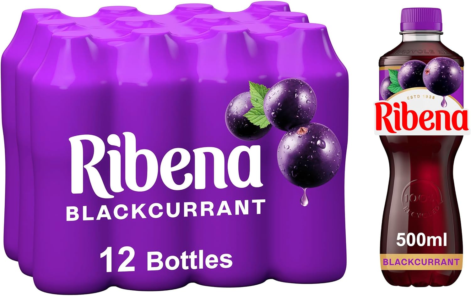 Ribena Blackcurrant Juice Drink 500ml - Multipack of 12 | Real Fruit | Rich In Vitamin C | No Artificial Colours or flavous | Fruity Refreshment | Ready To Drink | 100% Recycled