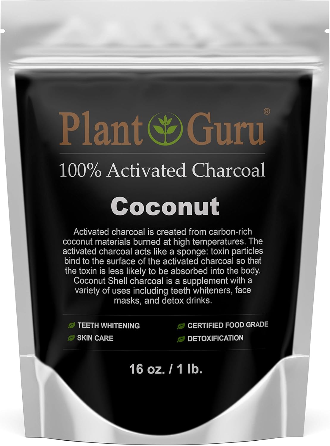 Plant Guru Activated Charcoal Powder 1 lb. COCONUT - Food Grade Kosher Non-GMO - Teeth Whitening, Facial Mask and Soap Making. Promotes Natural Detoxification and Helps Digestion