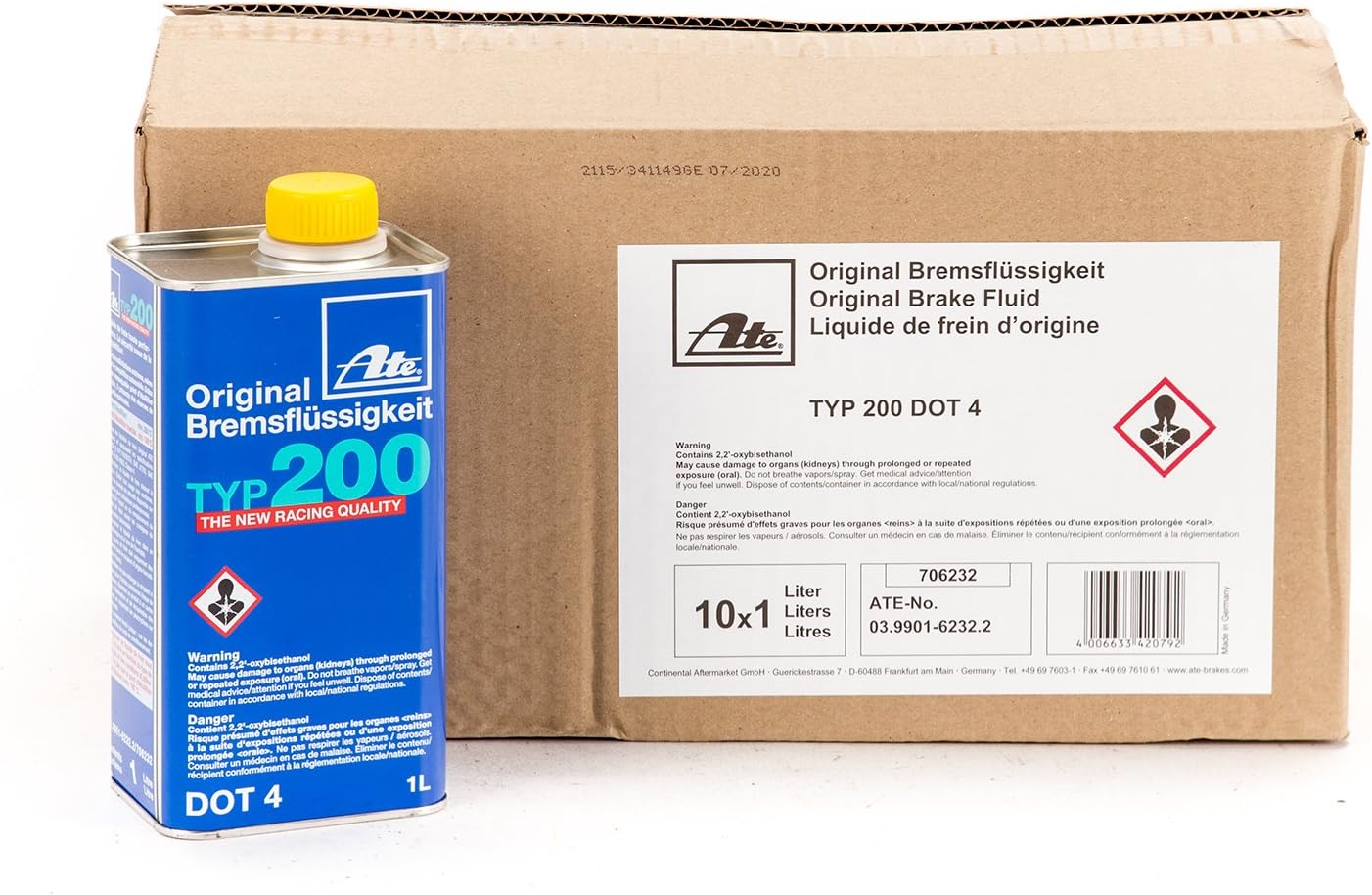 ATE 706202 Original TYP 200 DOT 4 Brake Fluid - 1 Liter, 10 Pack