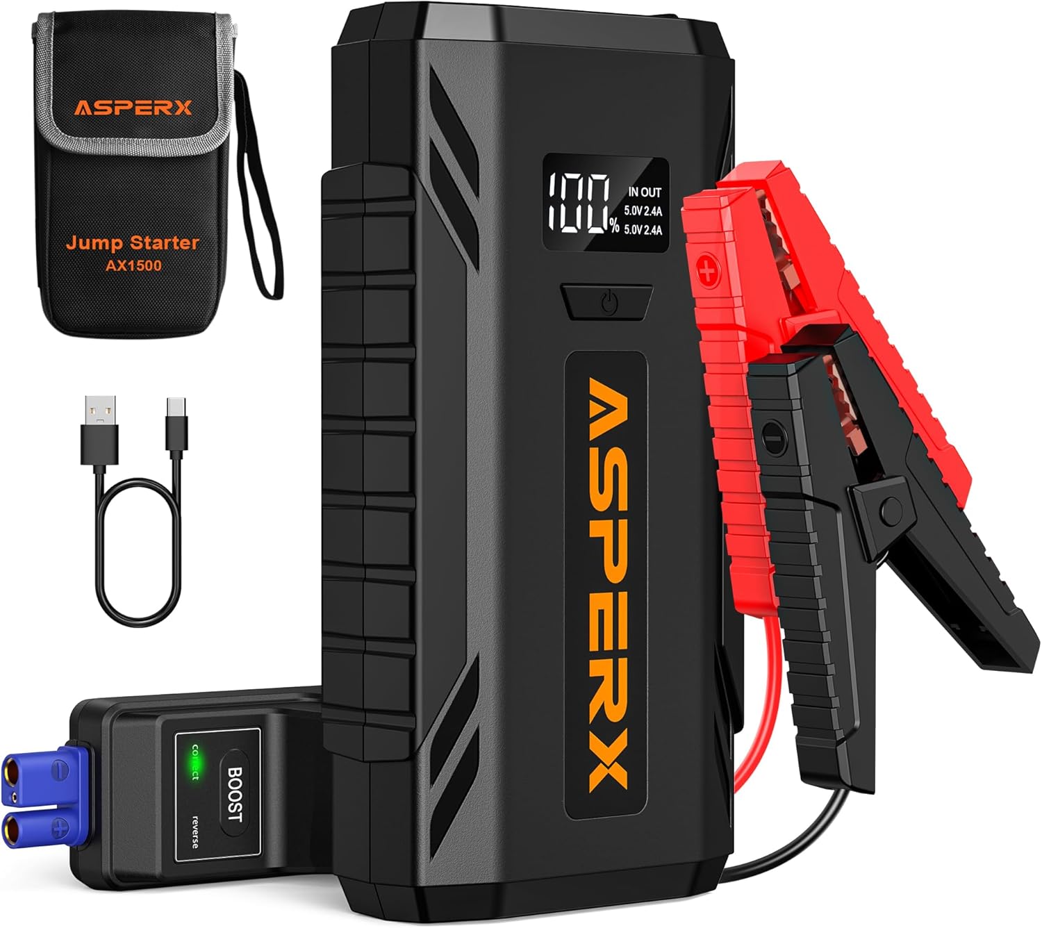 ASPERX Jump Starter Power Pack(Up to 7L Gas/5.5L Diesel), Car Battery Booster Jump Starter with Jump Leads,LED Flashlight &1.4 INCH LCD Display,Jump Pack for 12V Vehicles Pickup SUV Motorcycle