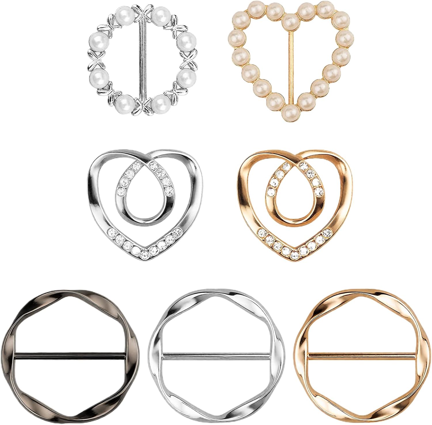 7PCS Premium Scarf Ring Clip, Cute T-Shirt Clips for Women Clothing, 4 Different Sized Shirt Ties Clips Waist Cinch Clip Buckle for Women Clothing Accessories, Gold/Silver/Black