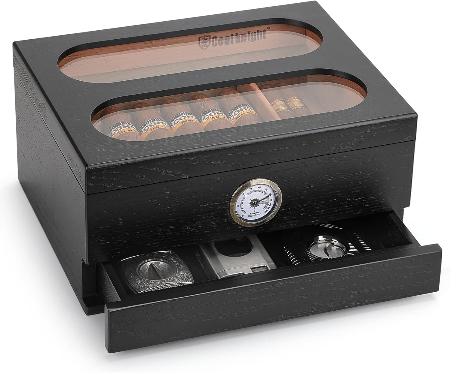 COOL KNIGHT Cigar Humidor with Front Hygrometer, Humidifier and Accessory Drawers-Tempered Glass Top Cigar Humidor Box - Spanish Cedar Humidor-Desktop Humidor That can Hold 20-35 Cigars.(Black)