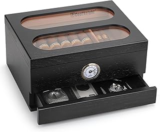 COOL KNIGHT Cigar Humidor with Front Hygrometer, Humidifier and Accessory Drawers-Tempered Glass Top Cigar Humidor Box - Spanish Cedar Humidor-Desktop Humidor That can Hold 20-35 Cigars.(Black)