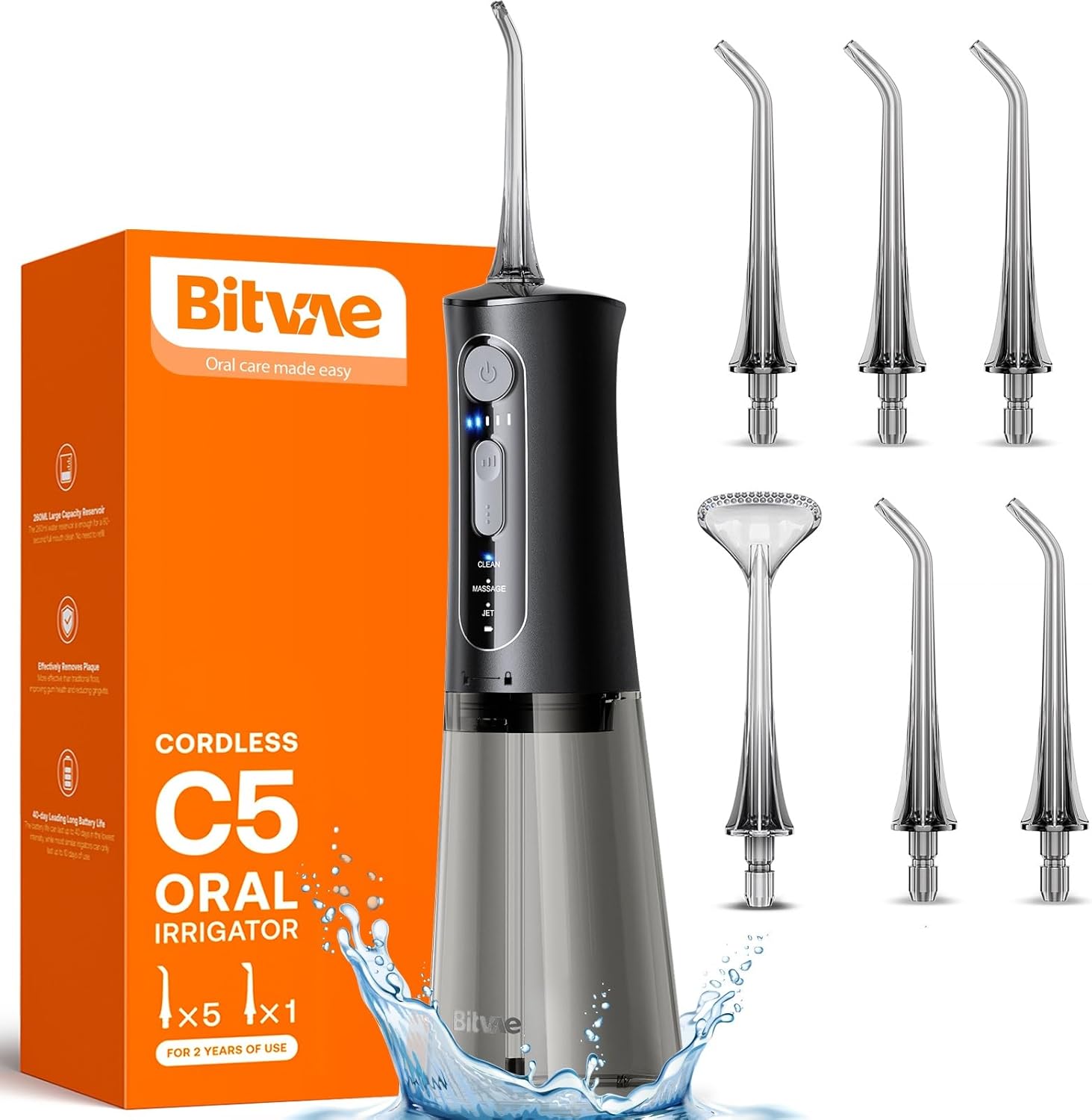 Bitvae C5 Water Dental Flosser for Teeth, Cordless Water Teeth Cleaner Picks, 3 Modes 5 Intensities, IPX7 Waterproof Water Flosser, 5 Tips Rechargeable Water Dental Picks for Cleaning - Black