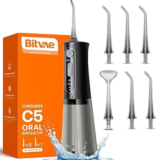 Bitvae C5 Water Dental Flosser for Teeth, Cordless Water Teeth Cleaner Picks, 3 Modes 5 Intensities, IPX7 Waterproof Water Flosser, 5 Tips Rechargeable Water Dental Picks for Cleaning - Black