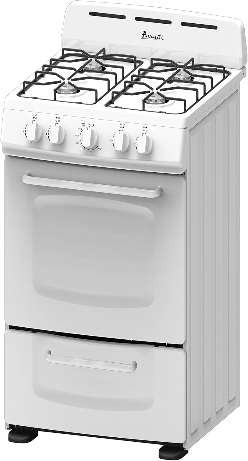 Avanti GRO20P0W Gas Range Oven Compact Freestanding Design, 4 Burners with Electronic Ignition, 2.1 Cu.Ft. Capacity Features Solid Door Storage Drawer Broiler and Accessories, 20-Inch, White