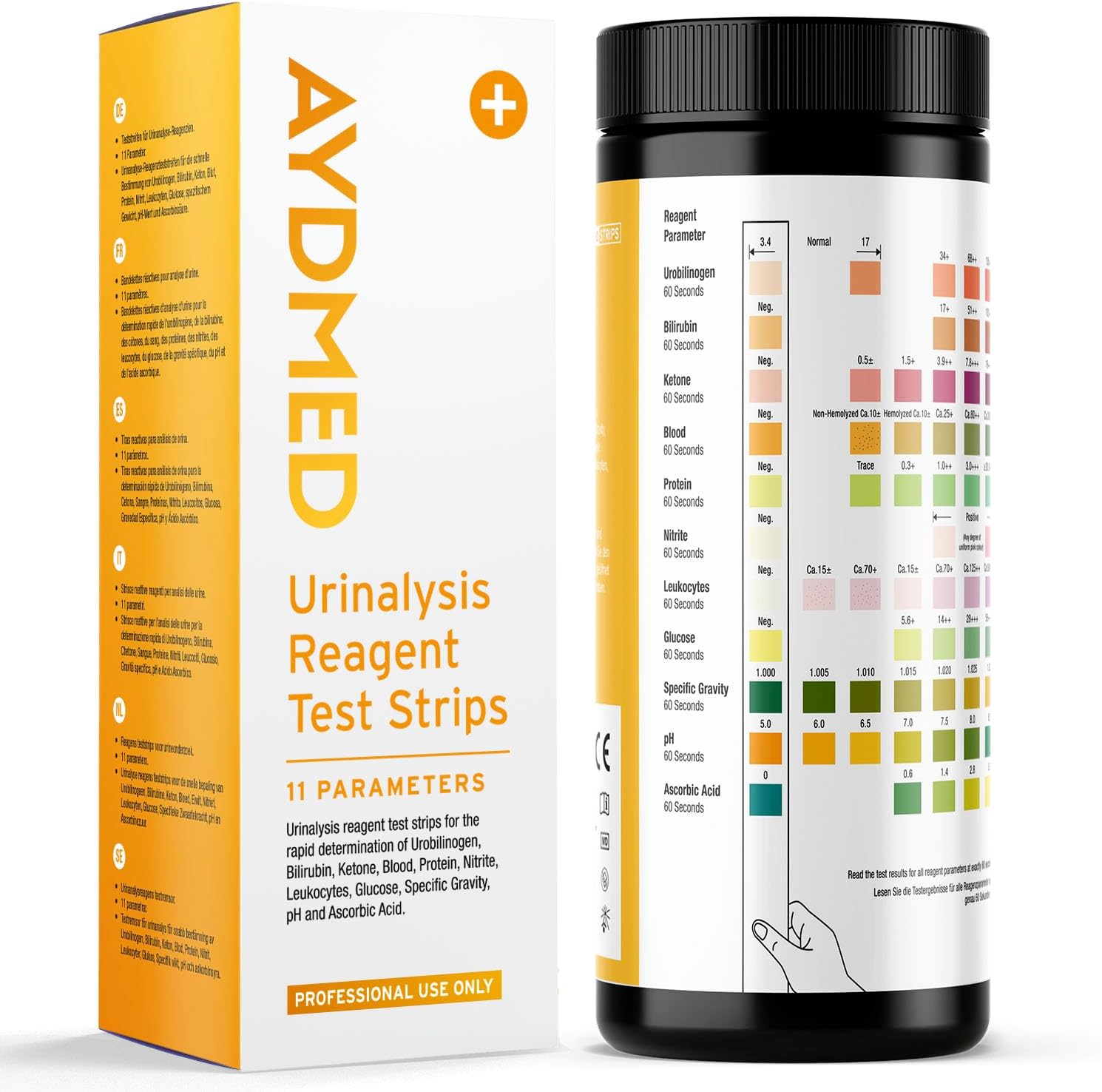 100 x AYDMED 11-in-1 Urine Test Strips | 11 Parameter Urine Test Strips for Urobilinogen, Bilirubin, Ketone, Blood, Protein, Nitrite, Leukocytes, Glucose, Specific Gravity, pH & Ascorbic Acid