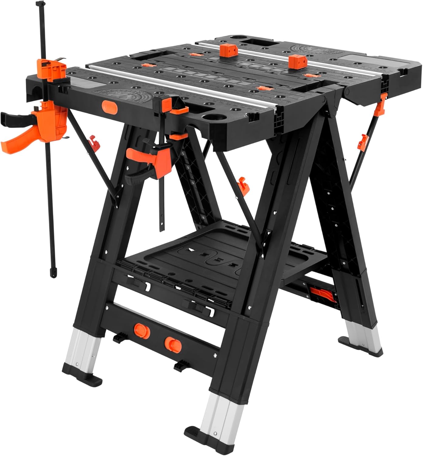 The Workplace Depot Folding Saw Horse Workbench – Dual-Mode Workbench & Saw Horse, Adjustable Height, 300 kg Capacity, Fold-Flat Portable for Tradespeople & DIY Enthusiasts