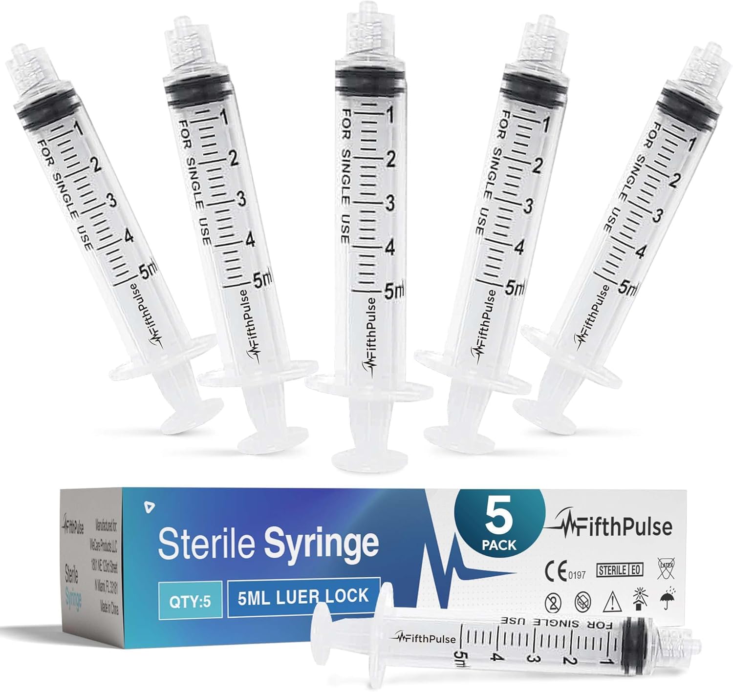 5 ml Syringe without Needle - 5 Pack of Individually Wrapped Disposable Syringes - Good for Medical, Scientific Lab, Home Use, and More - Sterile Luer Lock Syringes