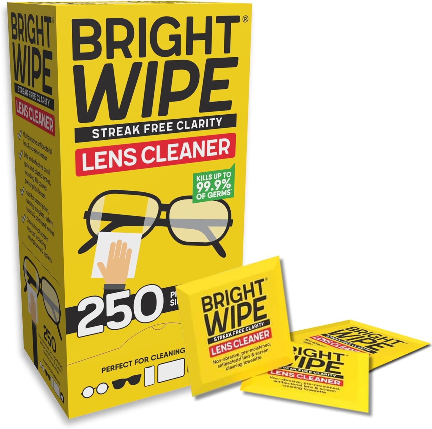 BRIGHTWIPE Lens Cleaner, 250 Individually Wrapped Glasses Wipes – Streak-Free Cleaning for Eye Glasses, Spectacles, Screens, Laptops, Phones & Cameras – Quick-Drying, Safe for All Lenses