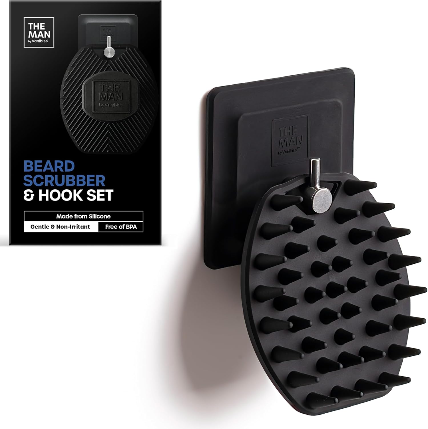 The Man Silicone Beard Scrubber & Hook - Silicone Beard Brush & Beard Exfoliator for Men-Removes Beardruff - Deep Cleans, Unclogs Pores - Beard Growth Accessories - Facial Beard Cleansing Brush (1Set)
