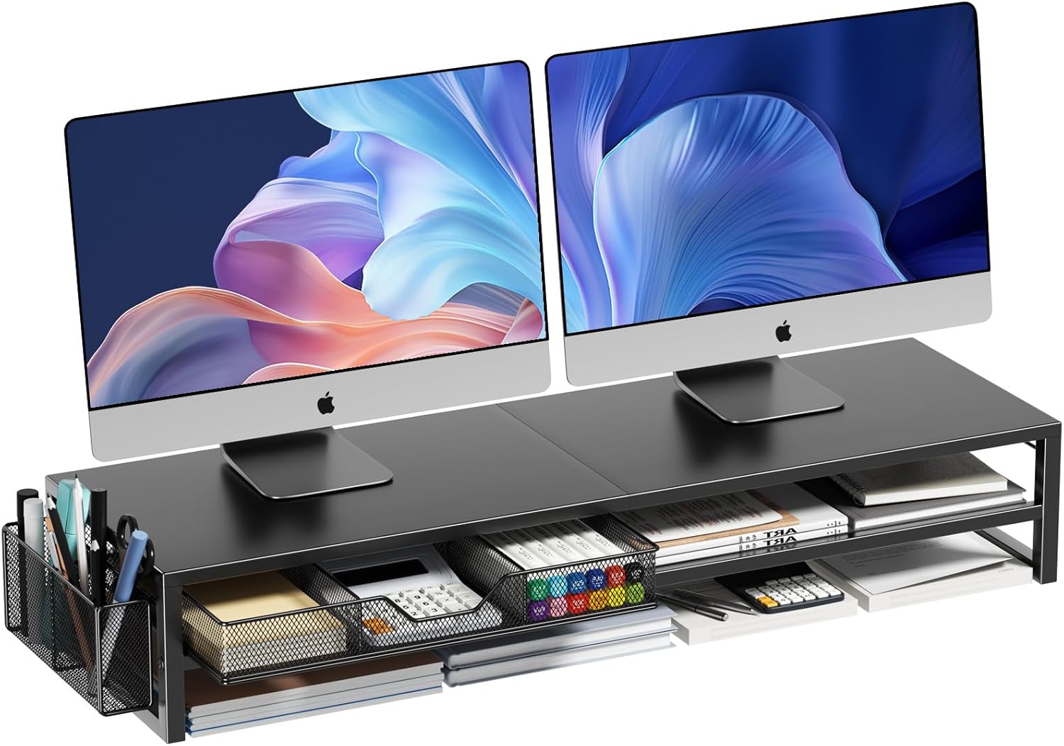 Desk Organizers and Accessories, 2-Tier Dual Computer Monitor Stand Riser for Desk Organizer with Drawer & Pen Holder, Desktop Workspace Organizer & Office Desk Computer Accessories for Office Supplies (Black)