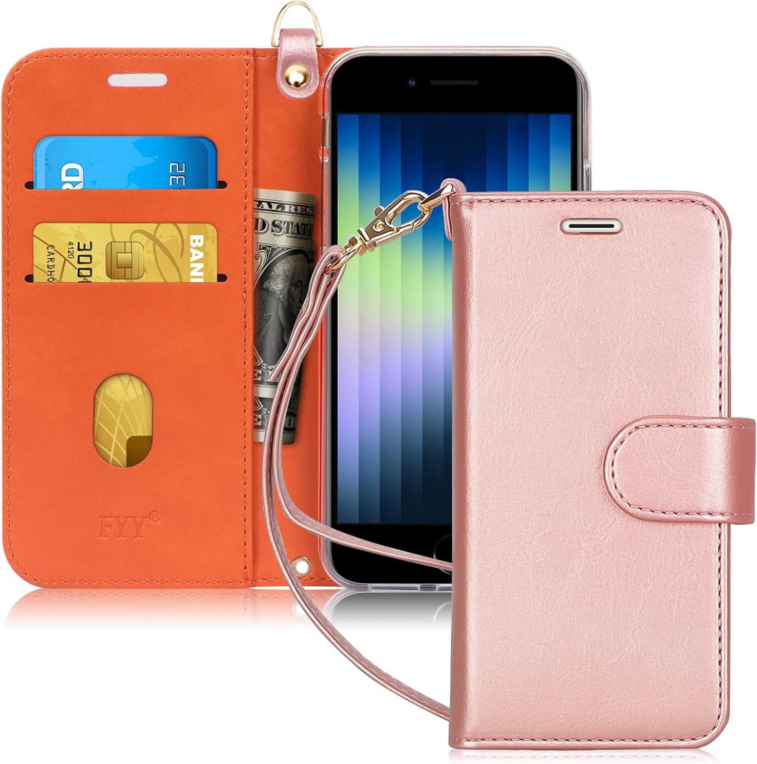 FYY Designed for iPhone SE Case 2022 (3rd Gen) / 2020 (2nd Gen) / 7 / 8 , Luxury PU Leather Wallet Phone Case with Card Holder Flip Kickstand Cover Rose Gold