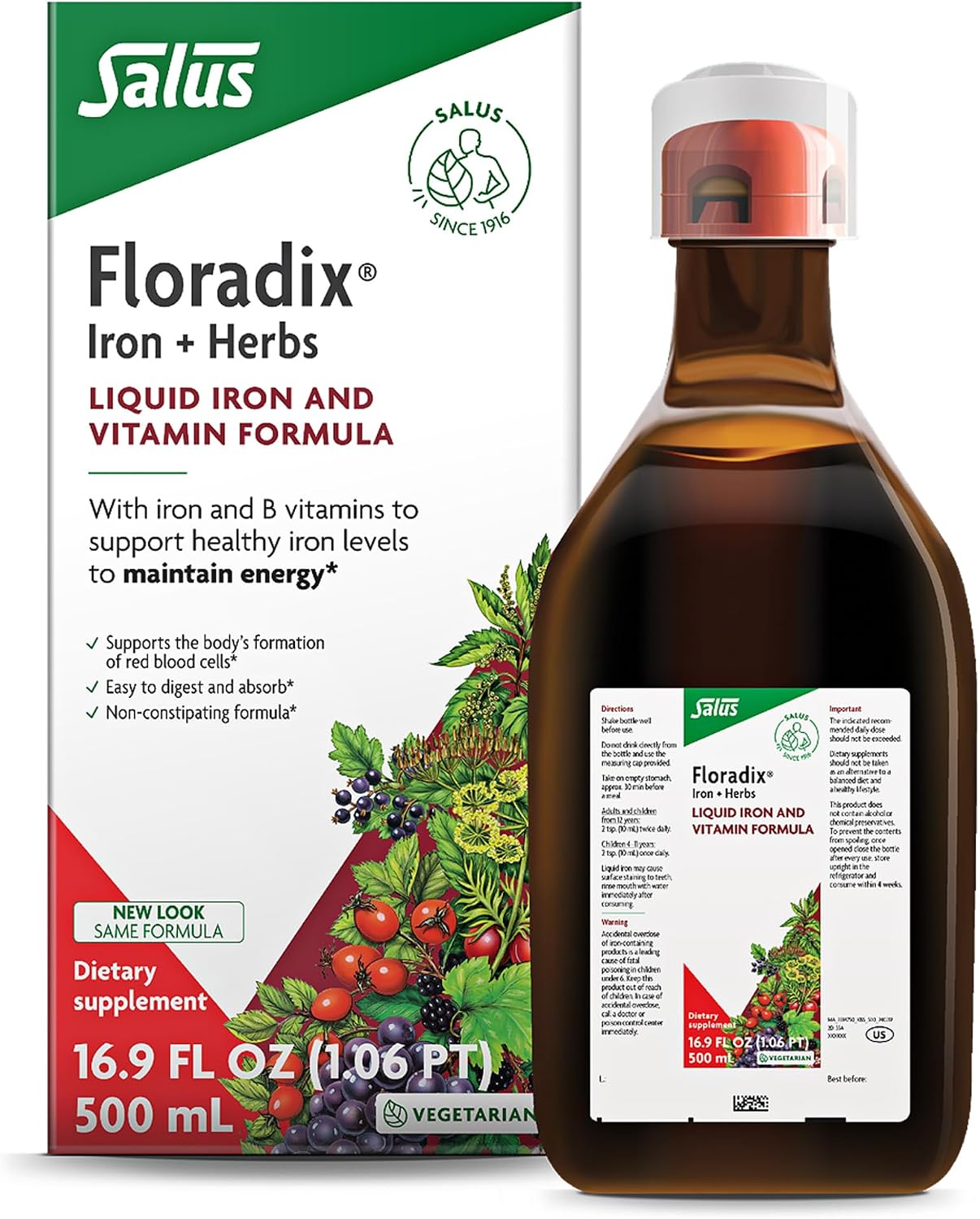 Floradix Iron & Herbs, Herbal Supplement for Men and Women, 16.9 fl oz