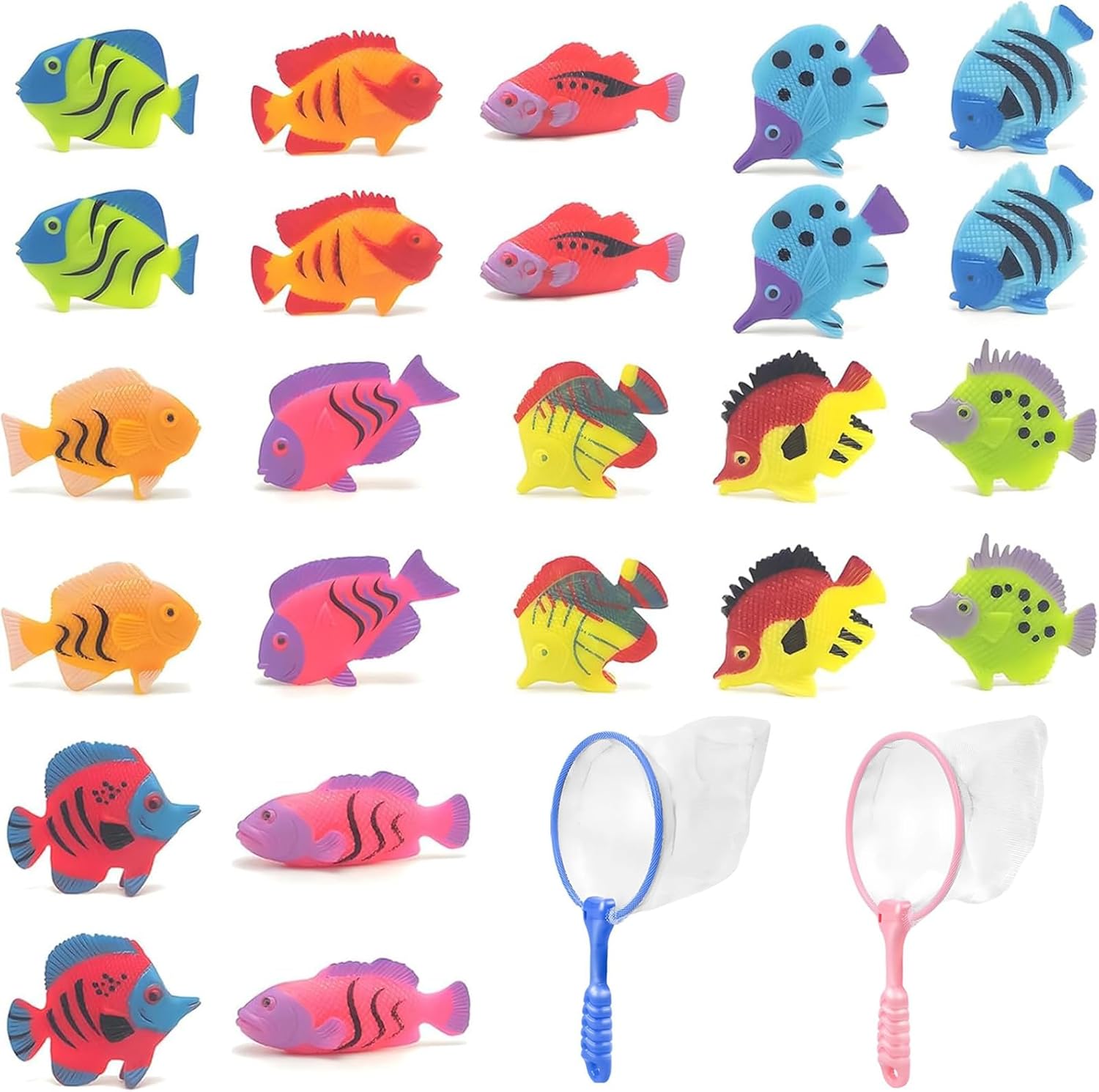 Toy Fish Set, 26 Pcs Ocean-Themed Play Set, Fish Toys for Kids Bath Time and Learning Activities, Includes 24 Fish and 2 Nets, PVC Material