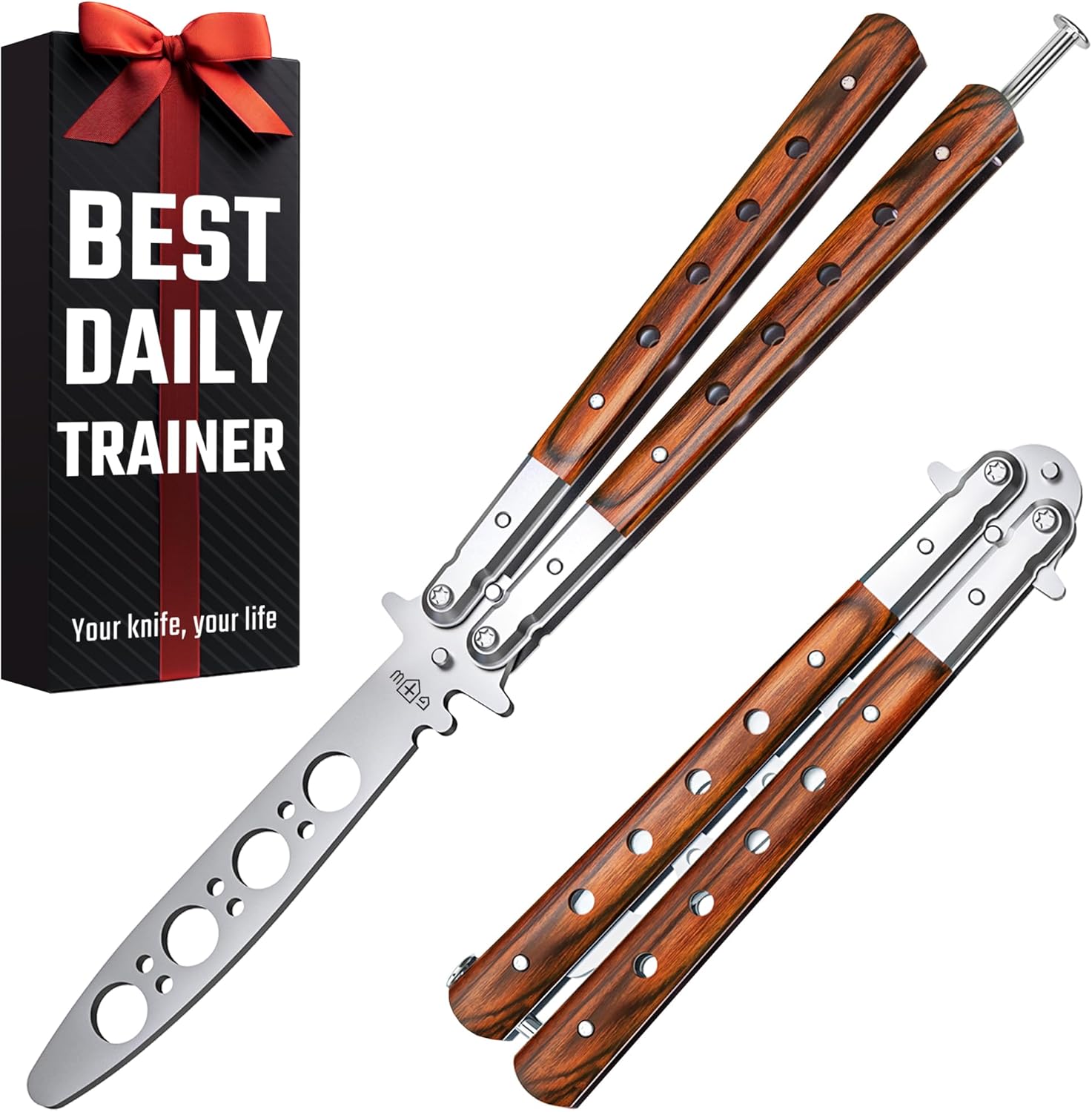 Butterfly Knife - Balisong Trainer - Wood Practice Butterfly Trainer with Sure Spring Latch - Balisong Knives NOT Real NOT Sharp Blade - Full Stainless Steel Fake Dull Trick CSGO Fidget Toy K12 W-N