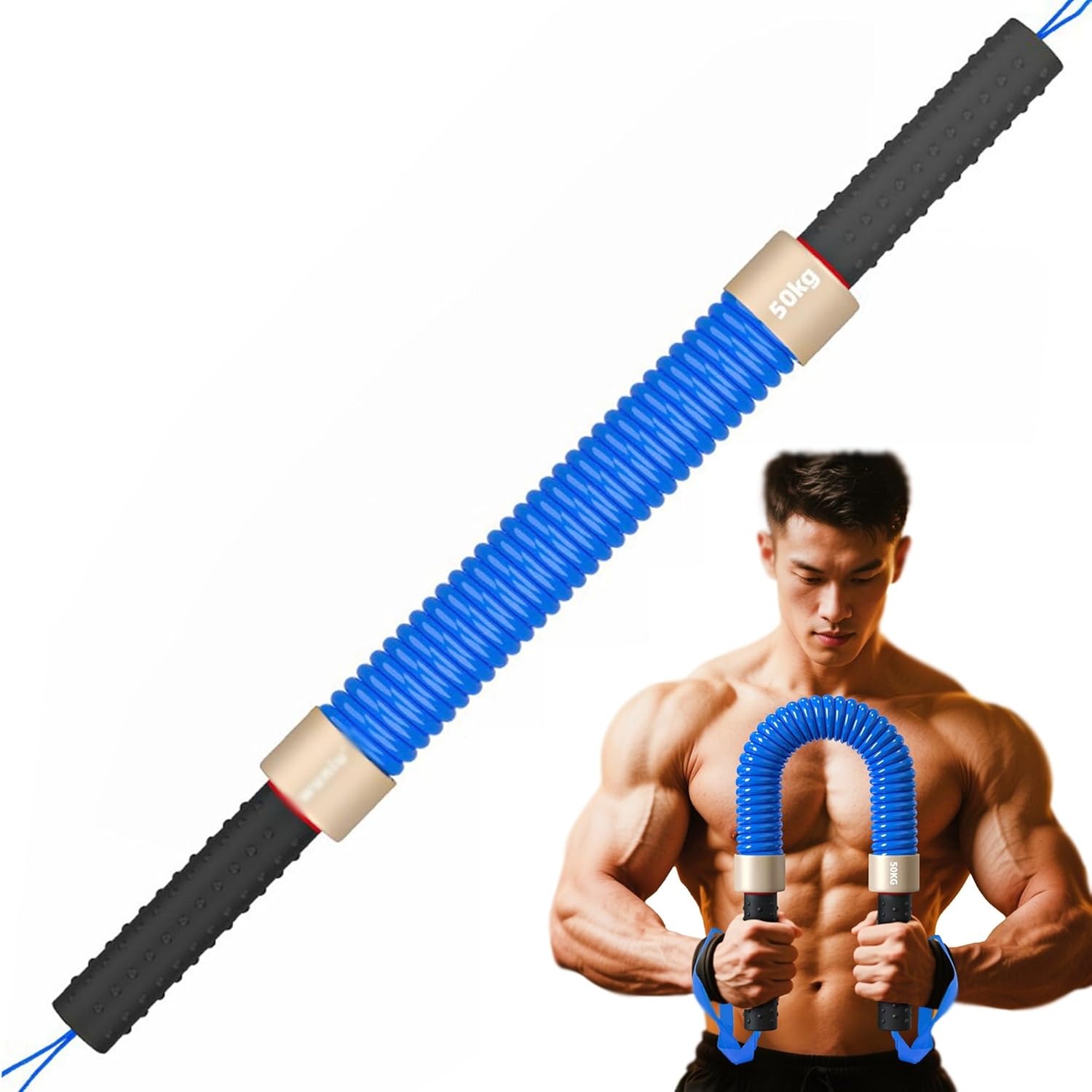 Power Twister Bar, 30kg, 40kg, 45kg, 50kg, 60kg, 80kg, 100kg, 120kg, Heavy Duty Spring Chest Expander Portable Workout Equipment for Chest, Shoulder, Forearm, Bicep and Arm(50kg)