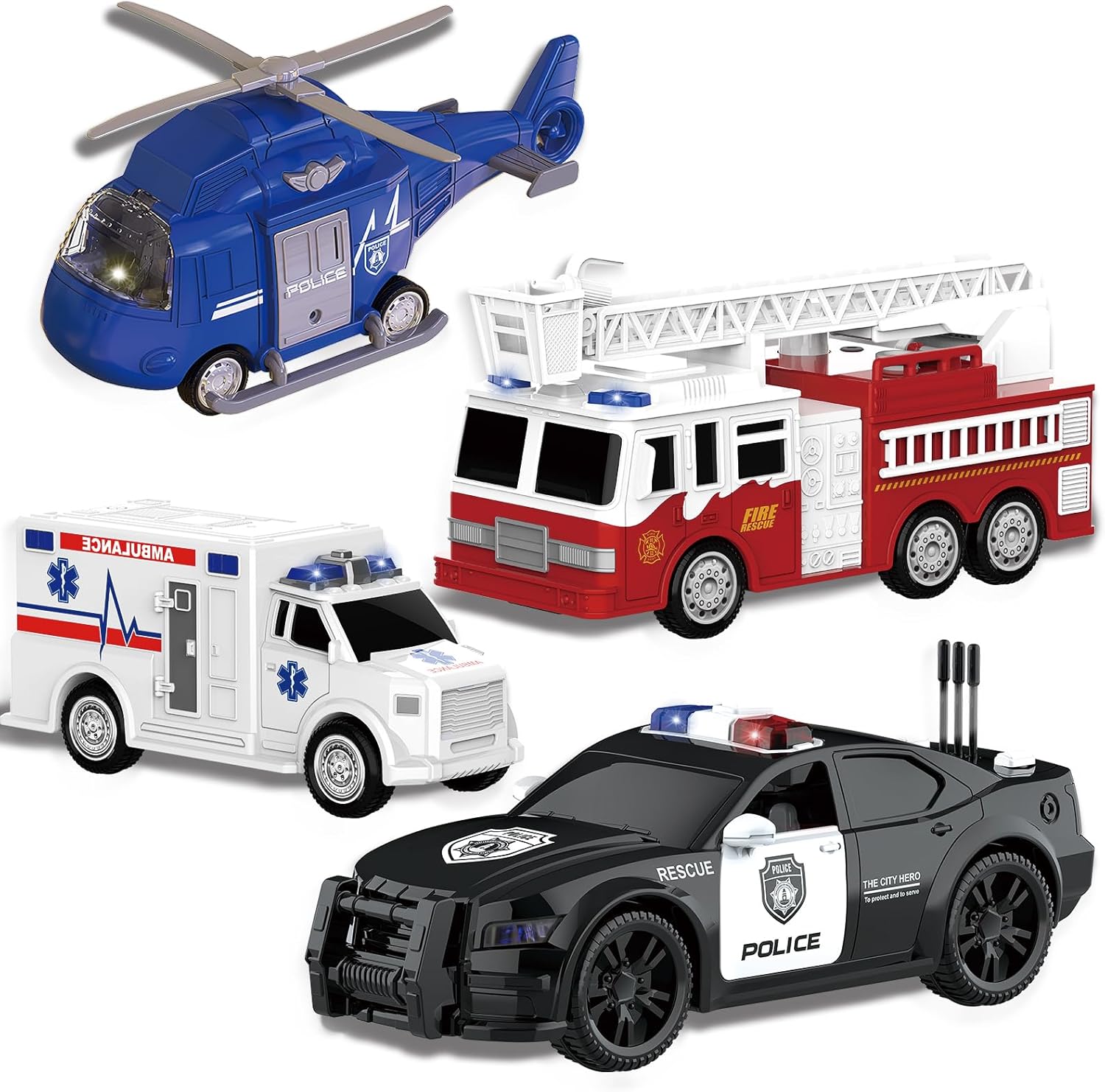 EPPO 4 Packs Fire Truck Toy, Ambulance, Police Car, and Helicopter, Emergency Vehicle Truck Toy Set with Lights and Sounds, Friction Powered Car Toy for Toddler Boys 3 4 5 6 Years Old
