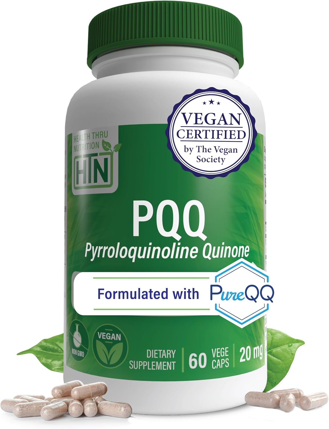 Health Thru Nutrition PQQ 20mg 60 Servings Pyrroloquinoline Quinone as PureQQ | Promotes Mitochondrial Biogenesis | Certified Vegan | Non-GMO Gluten Soy Free Capsules| Clean Label PQQ Supplement