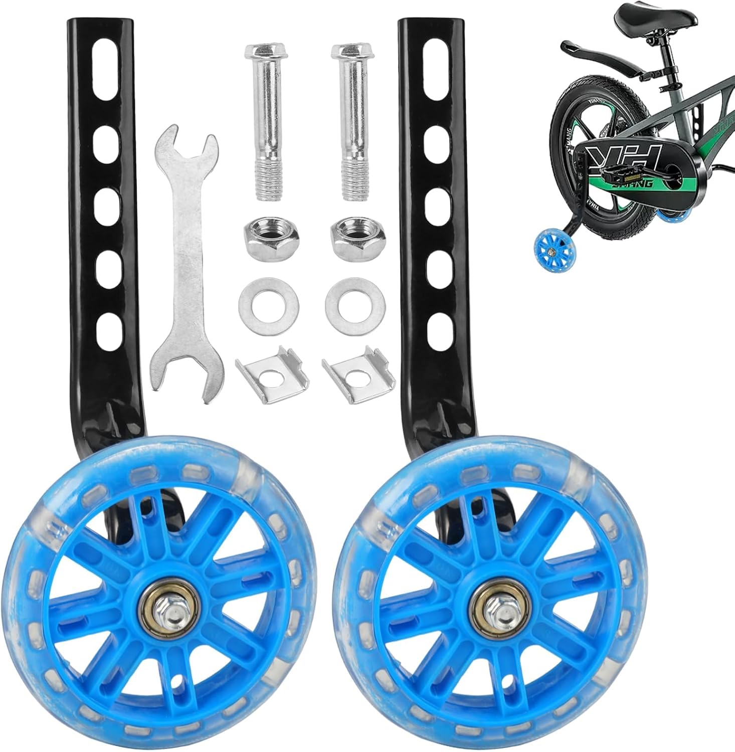 2 Pieces Stabilisers for Childs Bike,11cm Blue Bicycle Training Wheels for Kids Bike,Light-Up Bike Wheel Stabilizer,Bike Stabilisers,Adjustable Bike Training Wheels,for 12/14/16/18/20 Inch Bicycle
