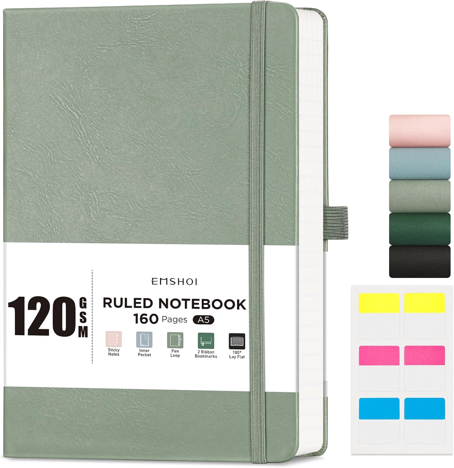 EMSHOI A5 Notebook Lined Journal - 120 GSM Paper Hardcover Notepad for Work, 160 Pages College Ruled Note Book, Leather Writing Journal for Women, Men, Work, School, 14.5 X 21 cm - Light Green