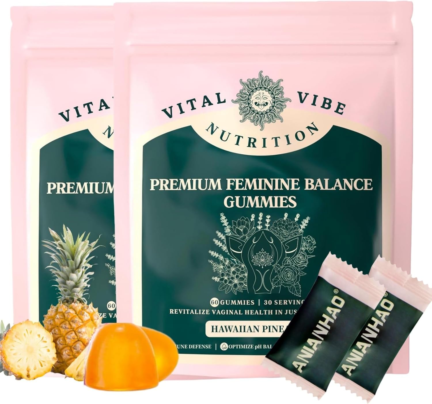 Vaginal Health Gummies & Feminine Balance Gummies, Hawaiian Pineapple - for Intimate Flora, Odour Control & Gut Health - Vegan, Gluten-Free & Halal - Probiotics PH Balance for Women