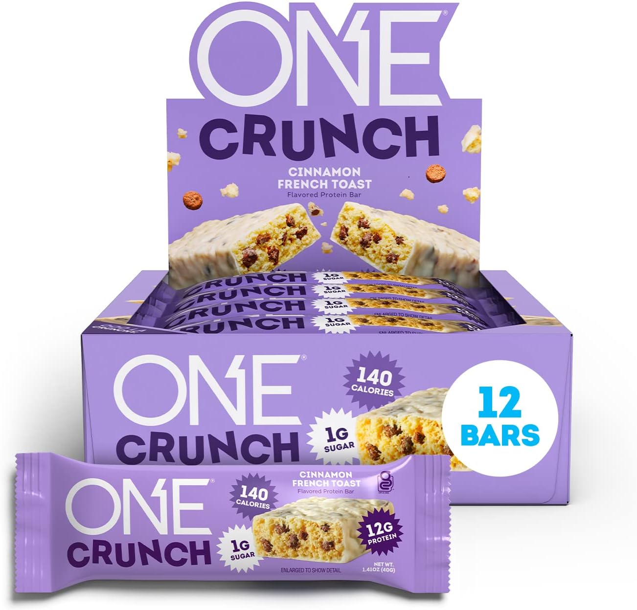 ONE Crunch Protein Bars, Cinnamon French Toast, Gluten Free Protein Bars with 12g Protein and 1g Sugar, Pantry Staples, 2.12 oz (12 Count)